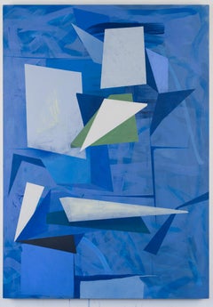 Untitled, blue geometric abstract painting on linen