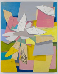 Untitled, blue, pink and yellow geometric abstract painting on linen