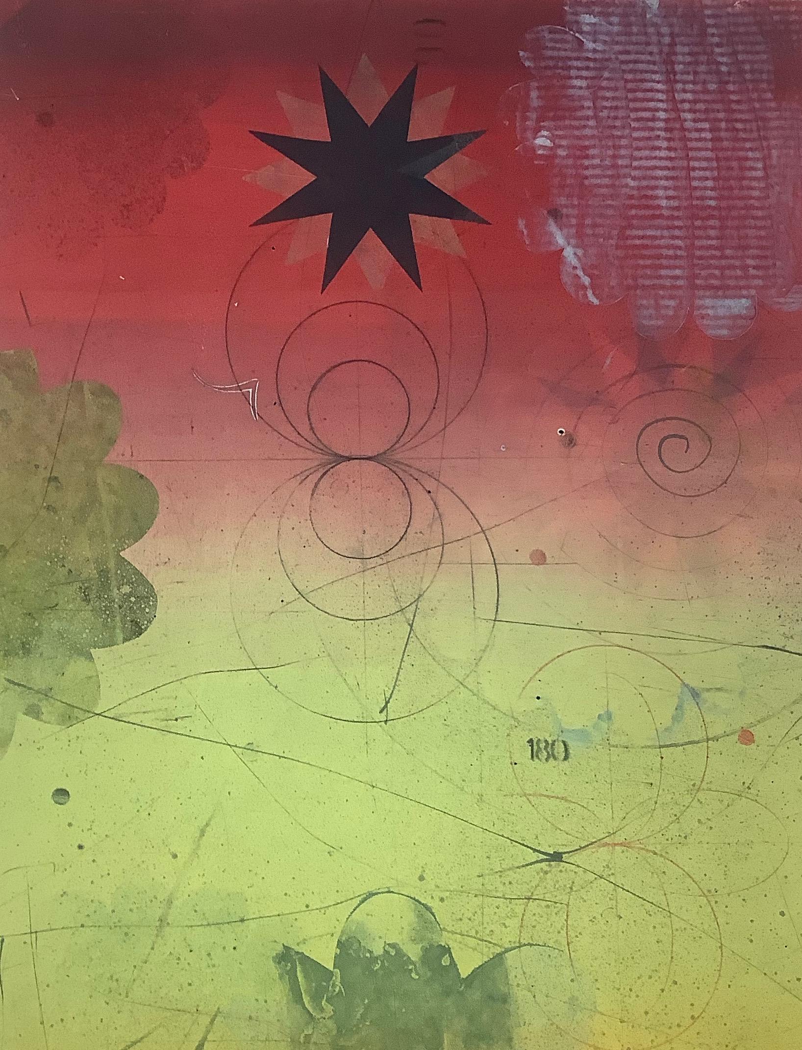 Navigator XIII, monotype abstrait vertical jaune et rouge avec étoile noire, cercles - Print de David Collins