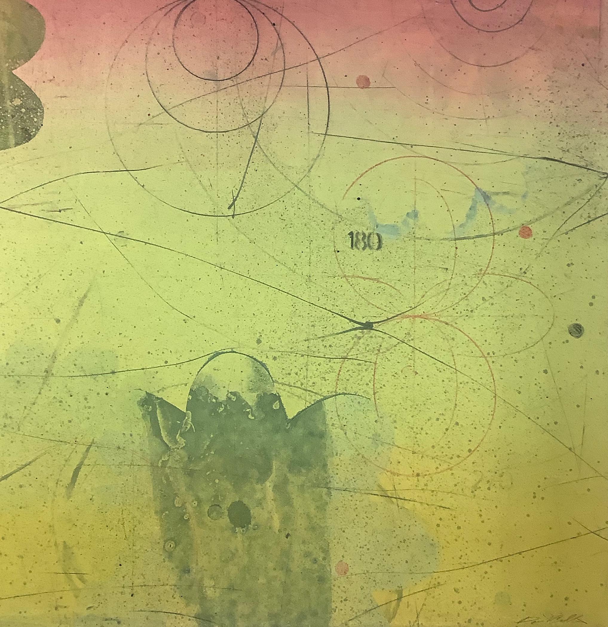 Navigator XIII, Yellow, Red Vertical Abstract Monotype with Black Star, Circles - Contemporary Print by David Collins