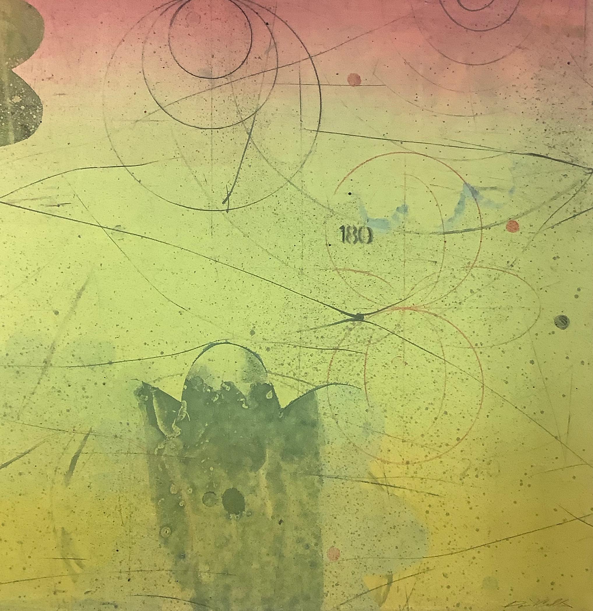 Navigator XIII, monotype abstrait vertical jaune et rouge avec étoile noire, cercles - Contemporain Print par David Collins