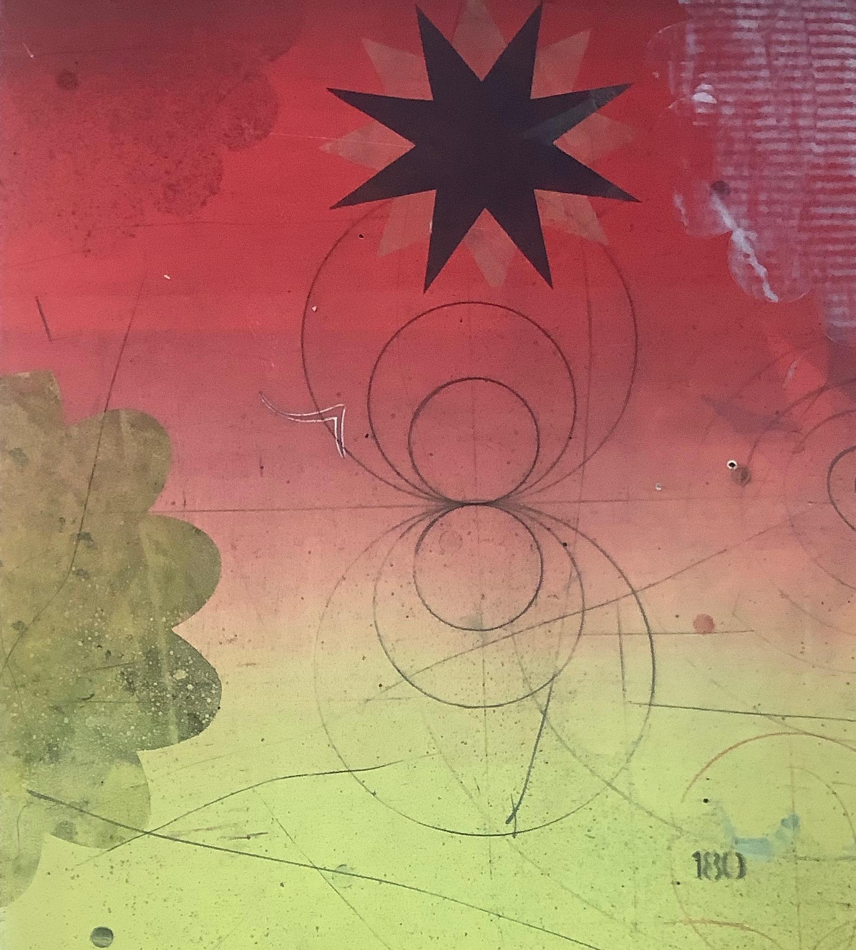 Navigator XIII, monotype abstrait vertical jaune et rouge avec étoile noire, cercles - Marron Abstract Print par David Collins