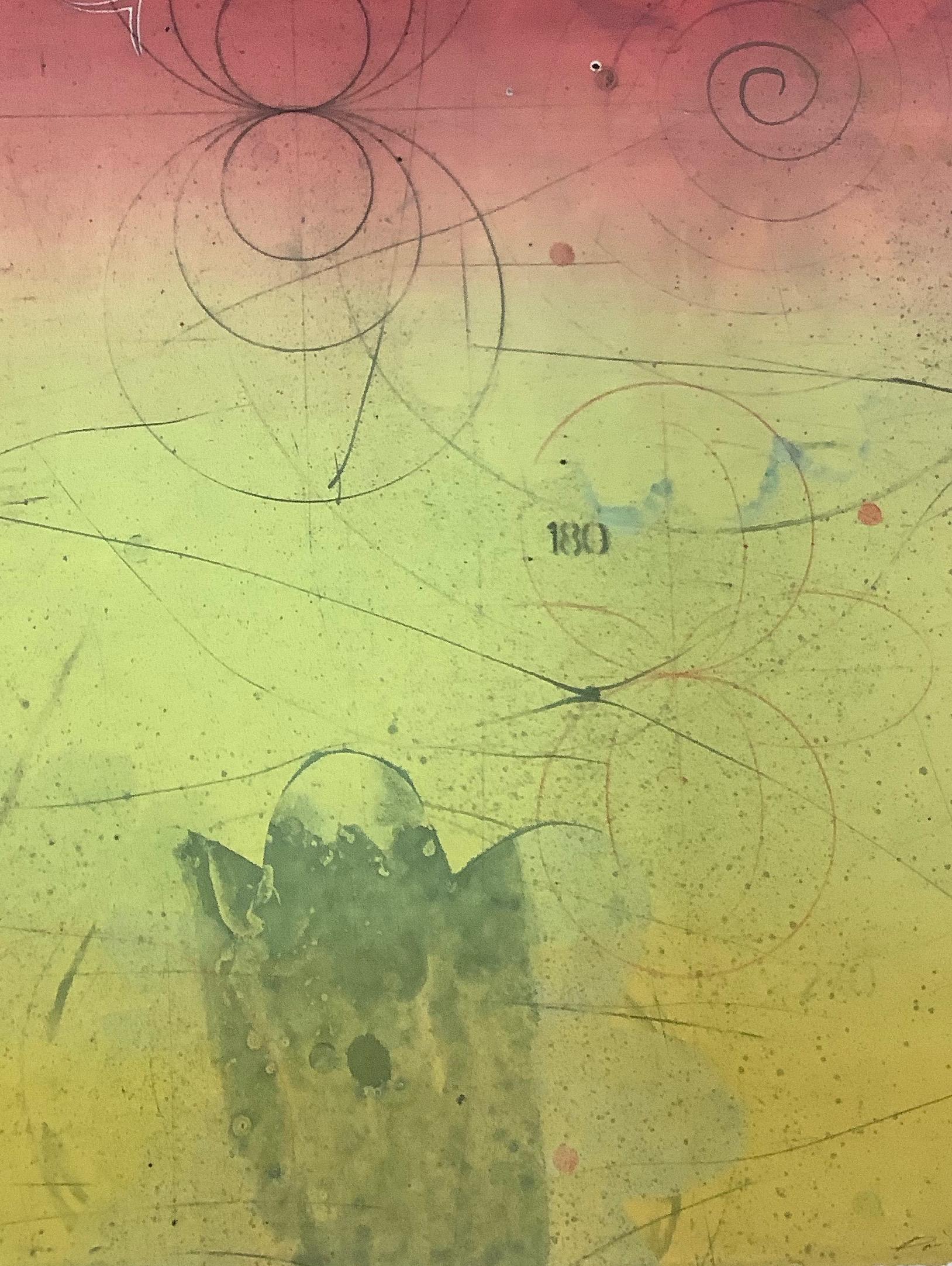 Ce monotype abstrait géométrique vertical sur papier superpose des formes sur un fond qui passe du jaune pâle au rouge foncé. Une étoile pointue aux formes noires contraste avec les formes circulaires et florales de la composition.

Il s'agit d'un