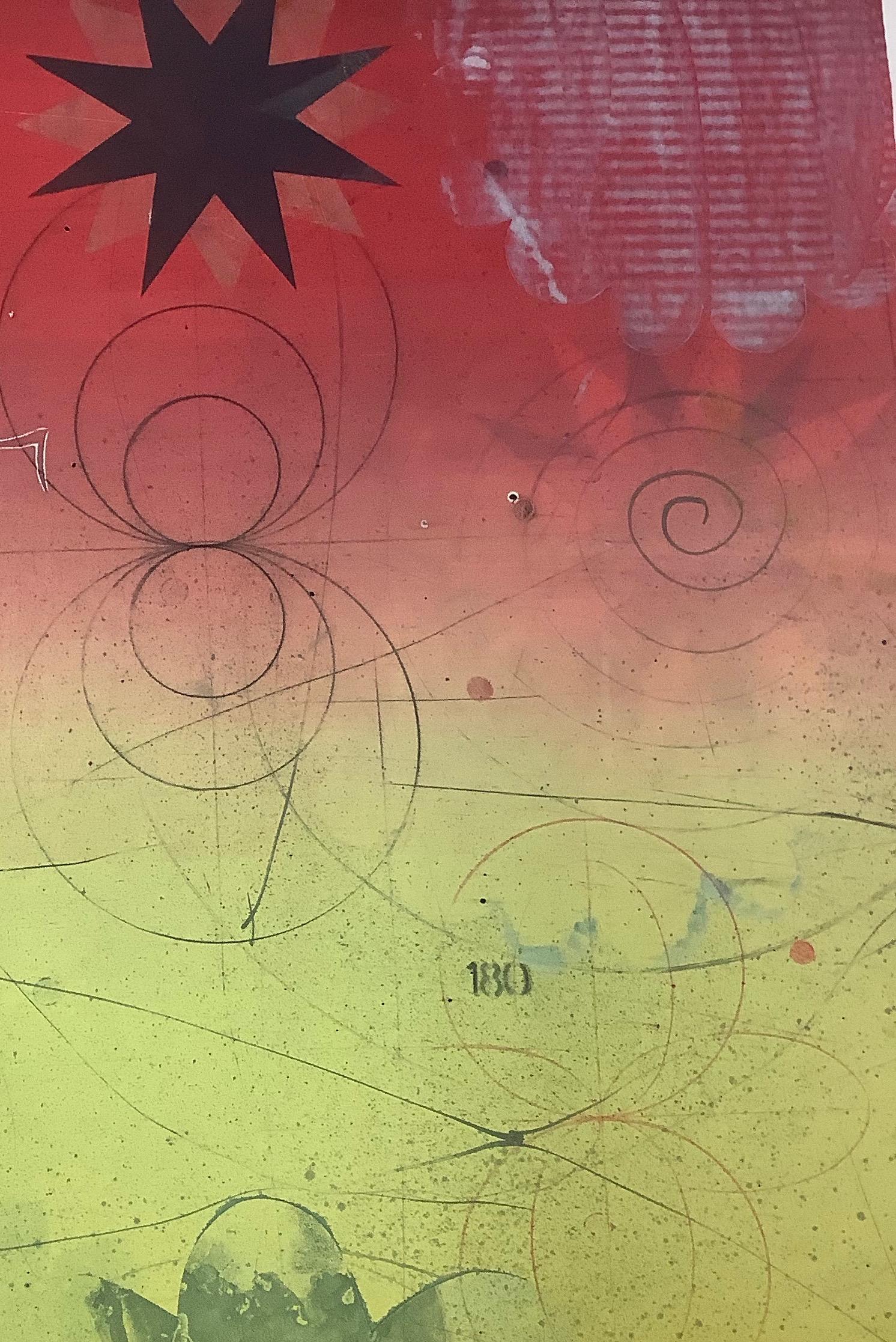 Navigator XIII, Yellow, Red Vertical Abstract Monotype with Black Star, Circles For Sale 1