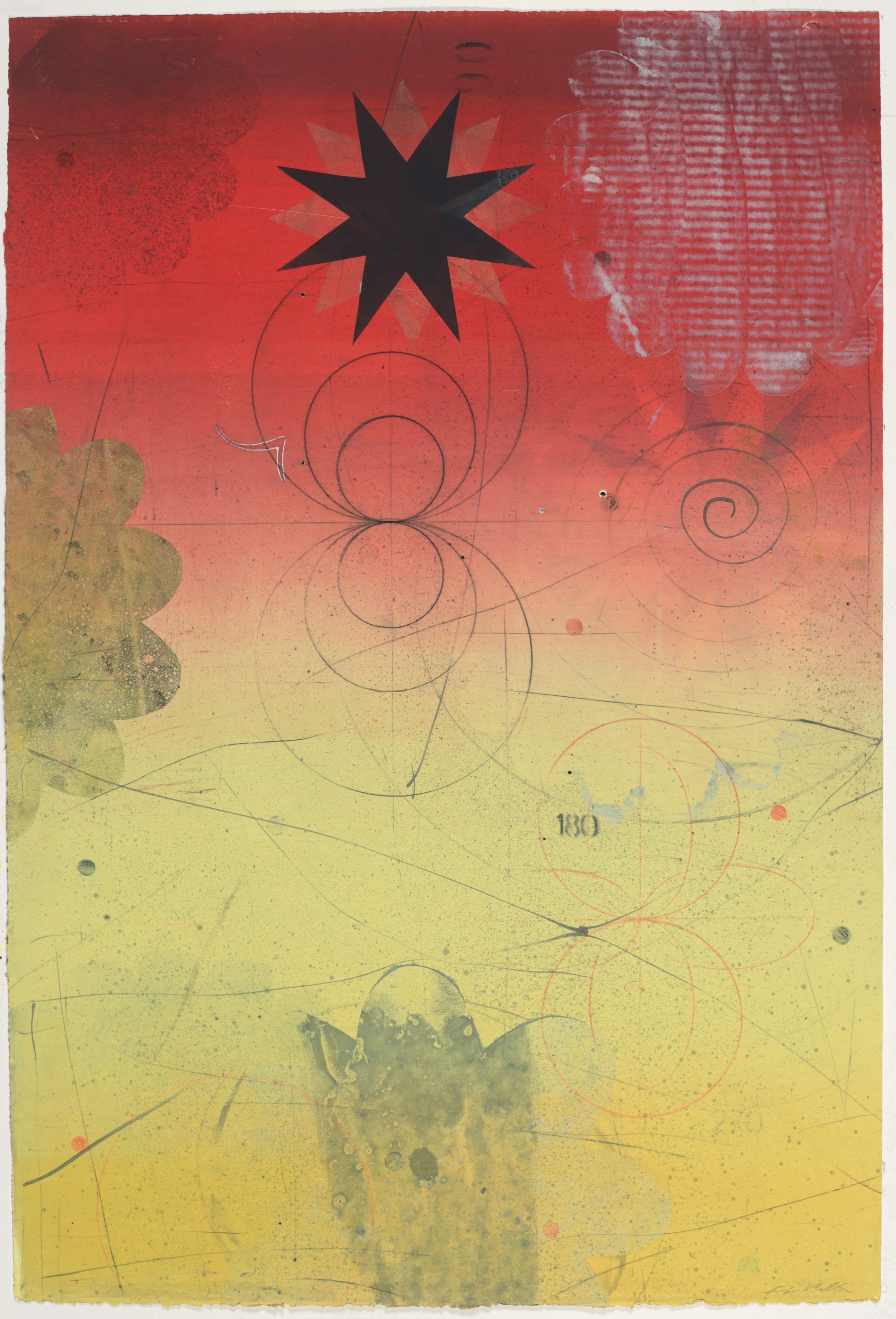 Navigator XIII, Gelbe, rote, vertikale, abstrakte Monotypie mit schwarzem Stern, Kreise
