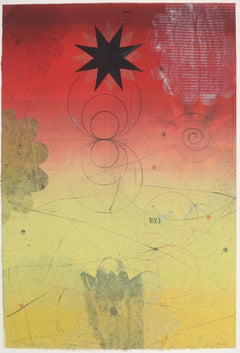 Navigator XIII, Gelbe, rote, vertikale, abstrakte Monotypie mit schwarzem Stern, Kreise