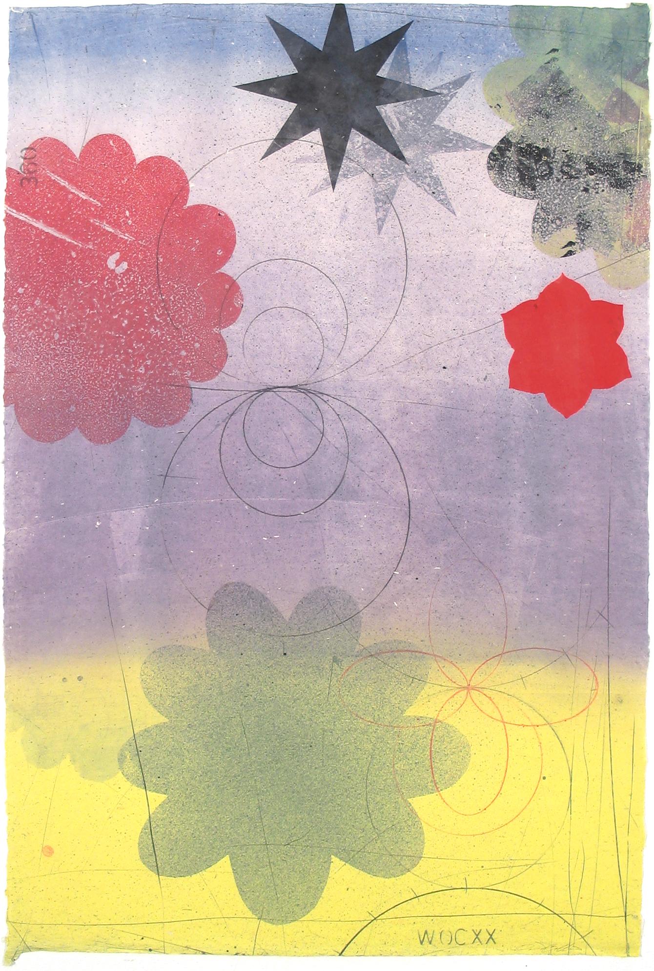 Abstract Print David Collins - Navigator XXII, Monotype abstrait vertical, jaune, lilas lavande, bleu, rouge