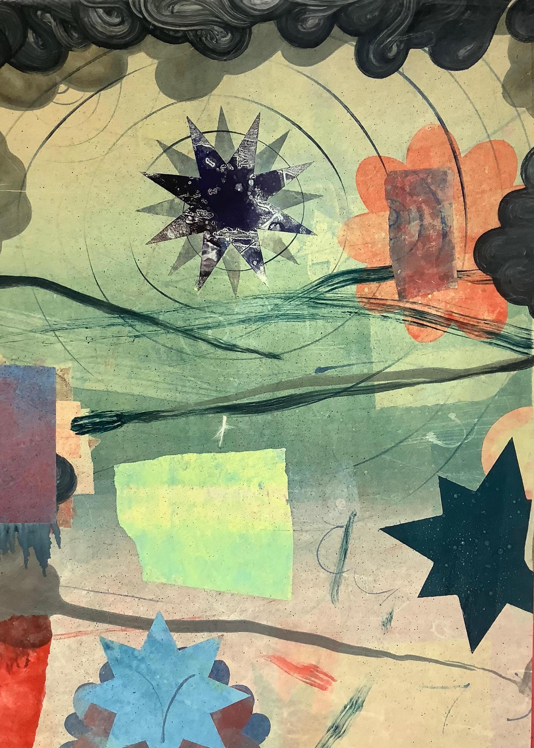 Pilot 12, Geometrische abstrakte Monotypie, Gelb, Blau, Korallenstern, Kreis, Blume – Print von David Collins