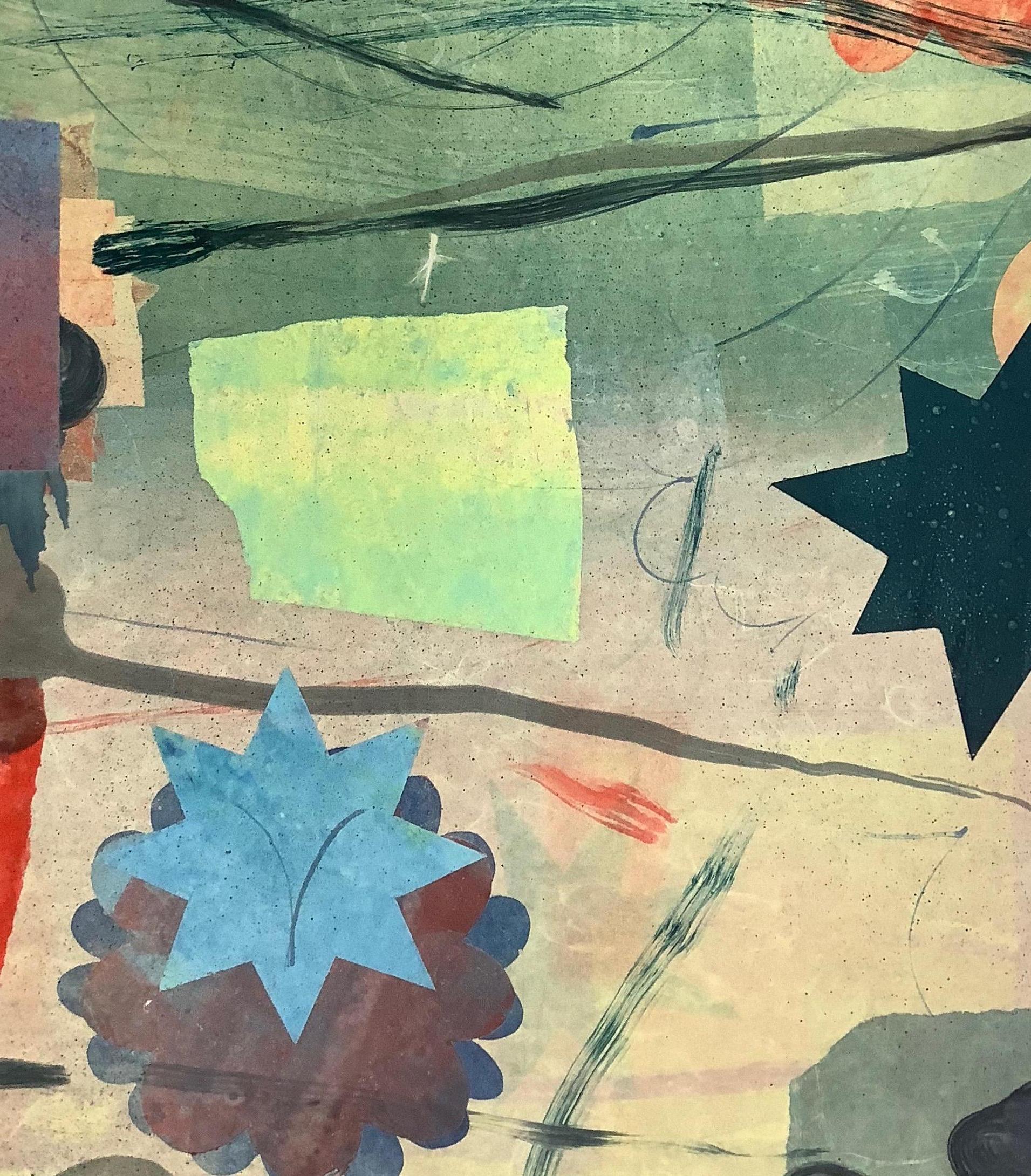 Pilot 12, Geometrische abstrakte Monotypie, Gelb, Blau, Korallenstern, Kreis, Blume (Grau), Abstract Print, von David Collins