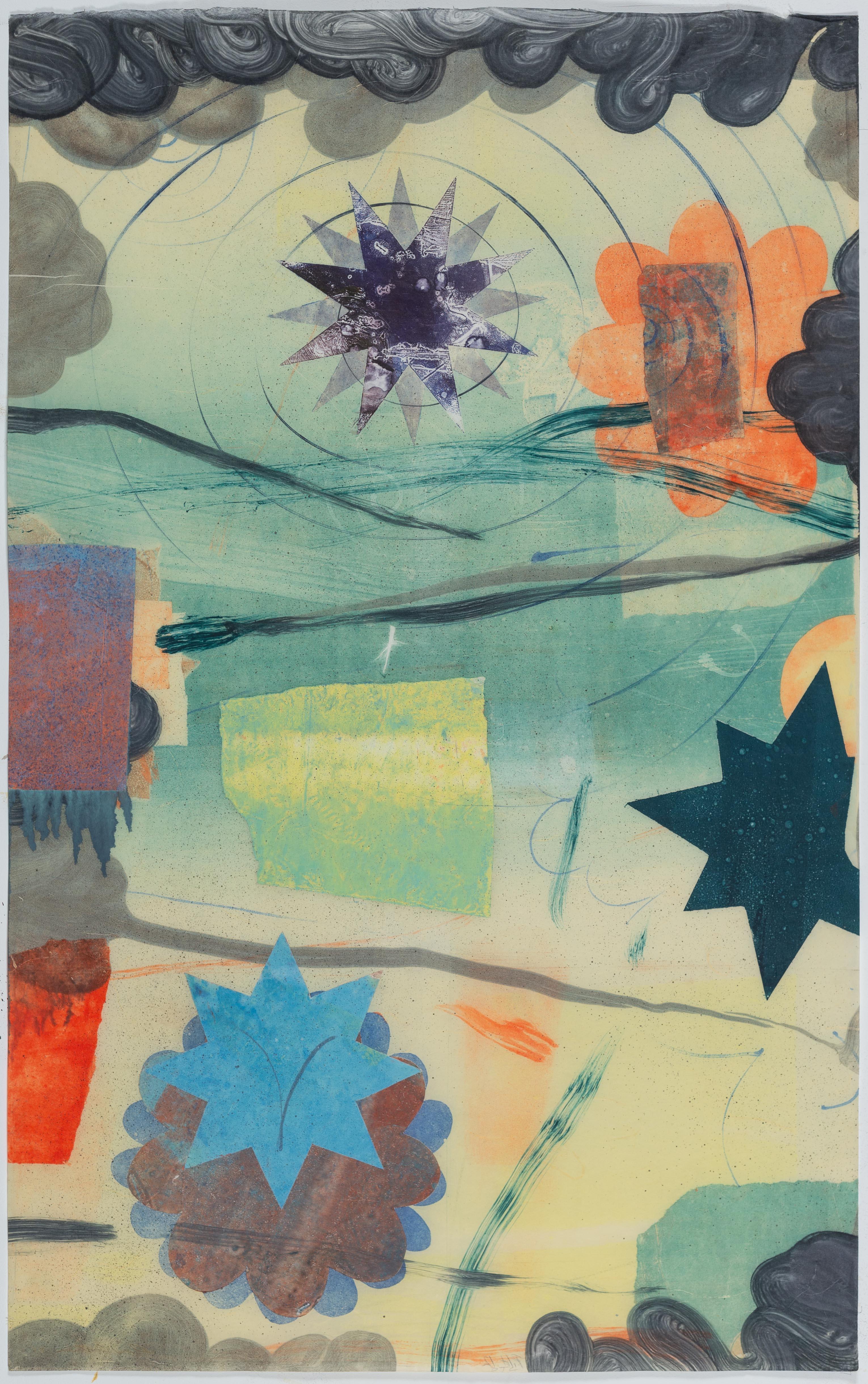 David Collins Abstract Print – Pilot 12, Geometrische abstrakte Monotypie, Gelb, Blau, Korallenstern, Kreis, Blume