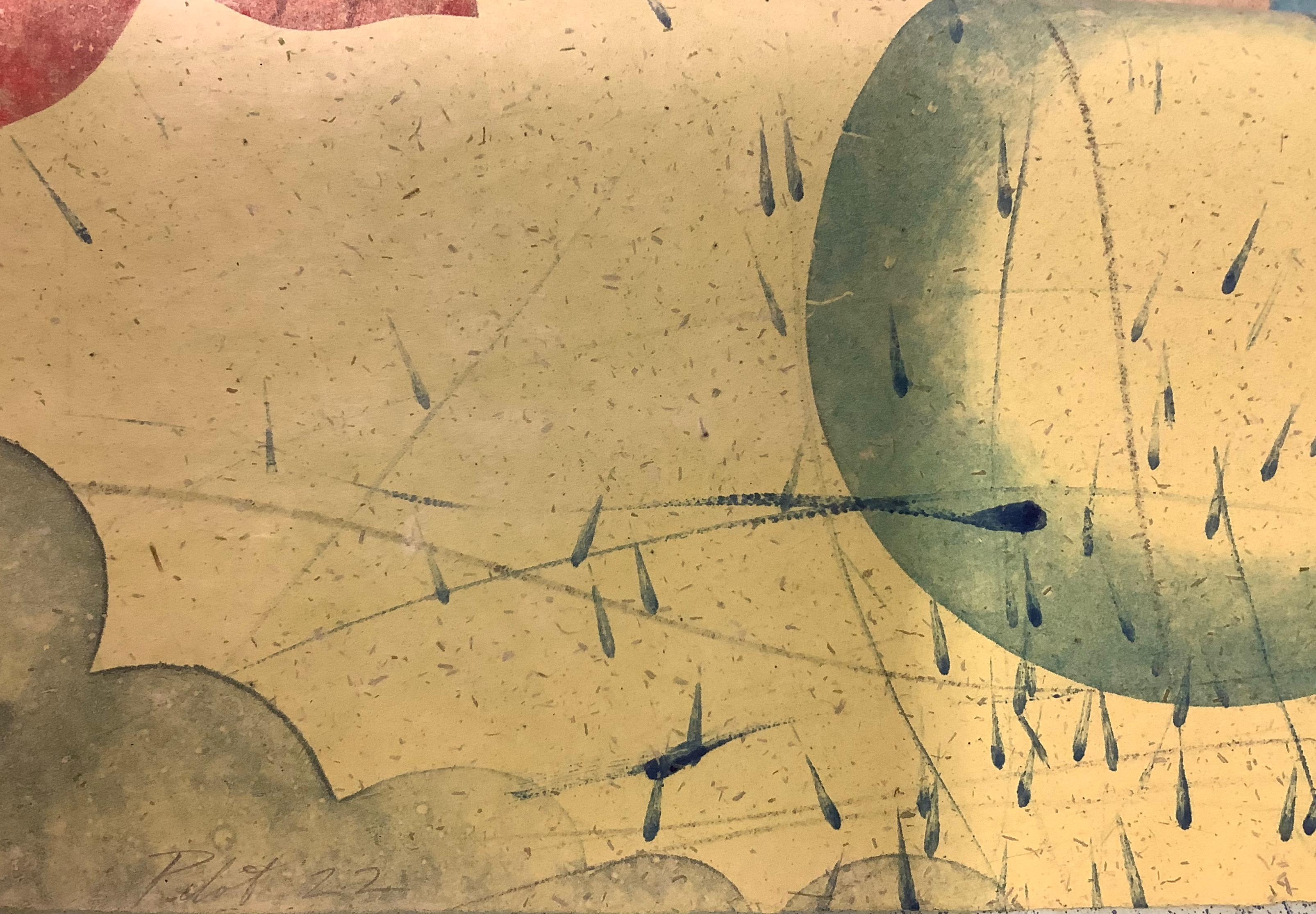 Pilot 22 - Zeitgenössische abstrakte Monotypie Blau Gelb Korallen Kreise Sterne, 2001 im Angebot 2