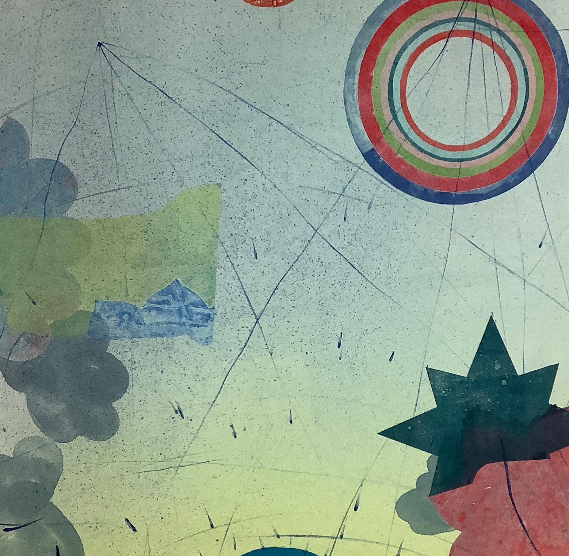 Pilot 22, vertikale abstrakte Monotypie, Teal Blau, Gelb, Koralle, Kreise, Sterne – Print von David Collins