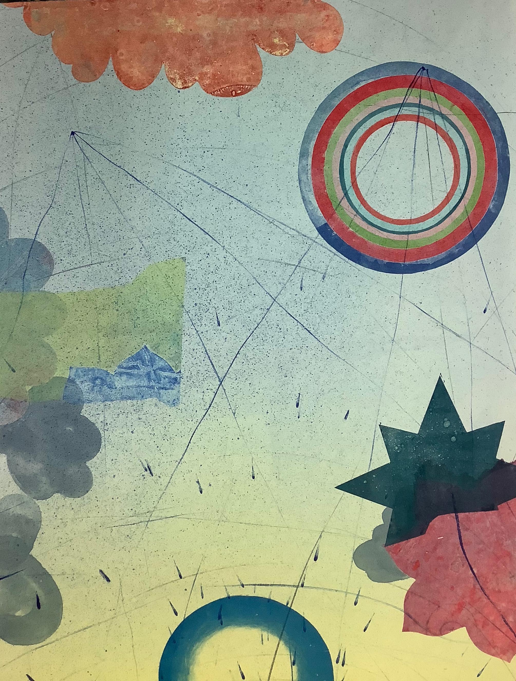 Pilot 22, vertikale abstrakte Monotypie, Teal Blau, Gelb, Koralle, Kreise, Sterne (Zeitgenössisch), Print, von David Collins