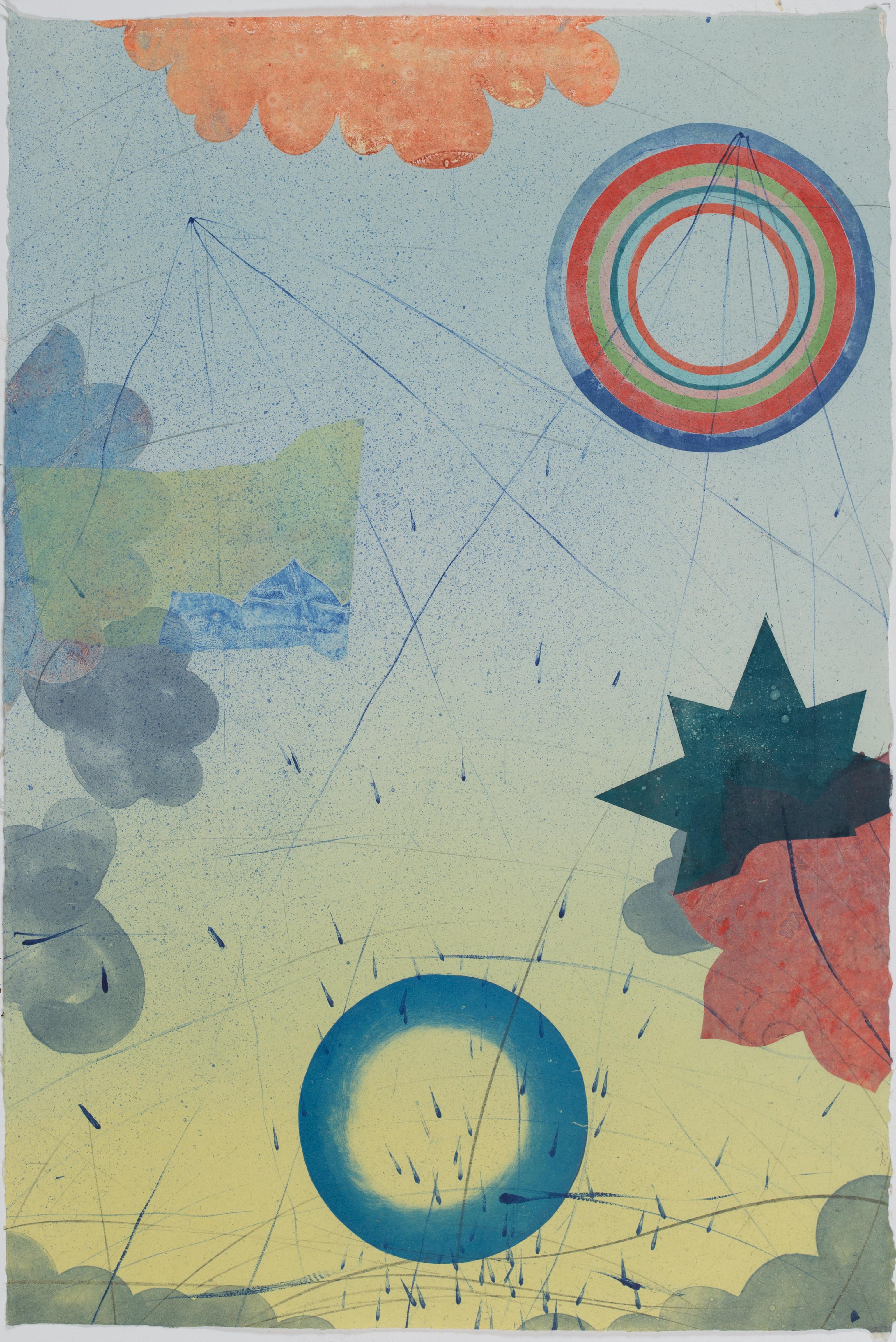 David Collins Abstract Print – Pilot 22, vertikale abstrakte Monotypie, Teal Blau, Gelb, Koralle, Kreise, Sterne