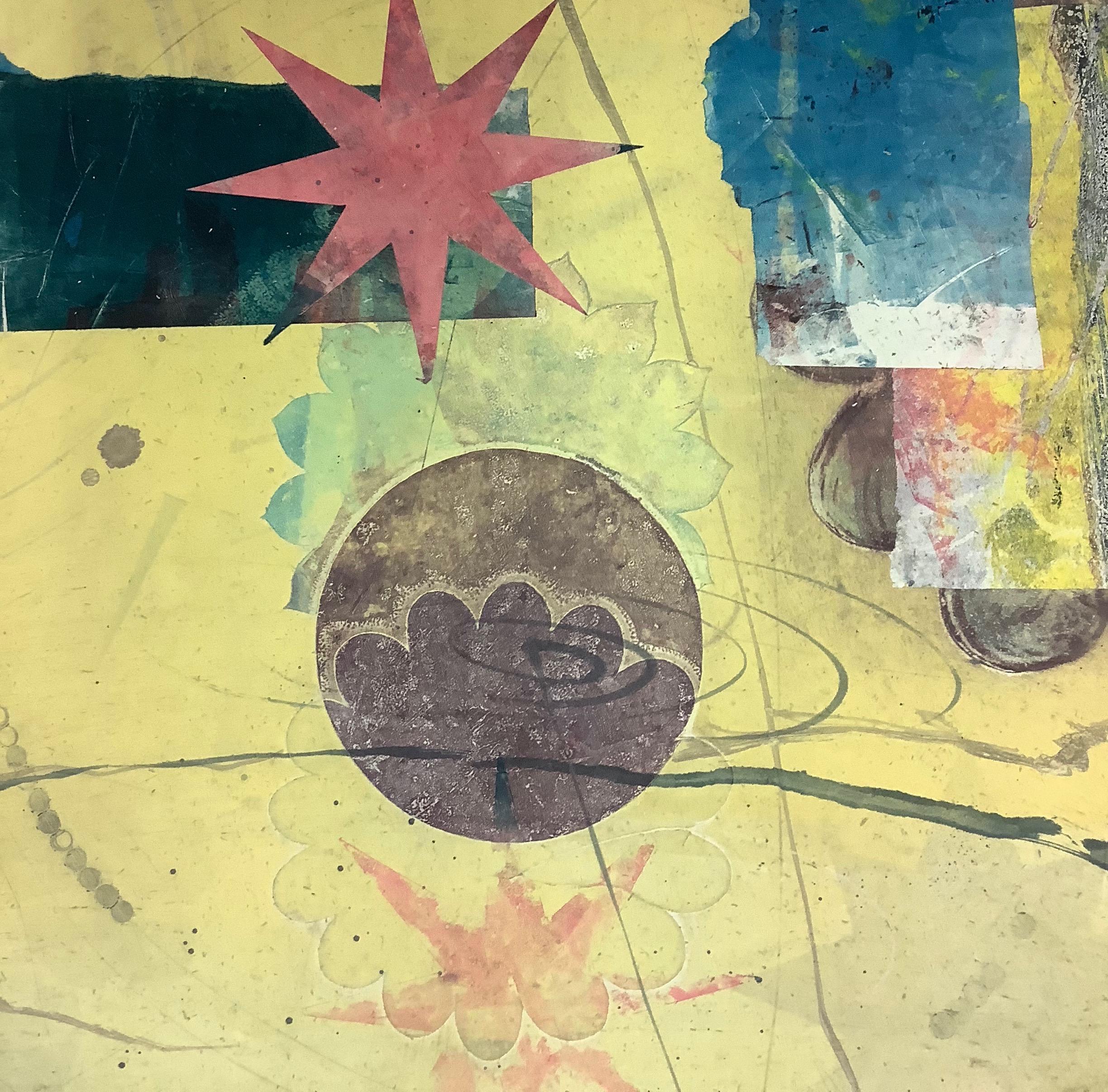 Pilot 35, Vertical Abstract Monotype in Yellow, Blue, Coral Star, Circle, Flower - Print by David Collins