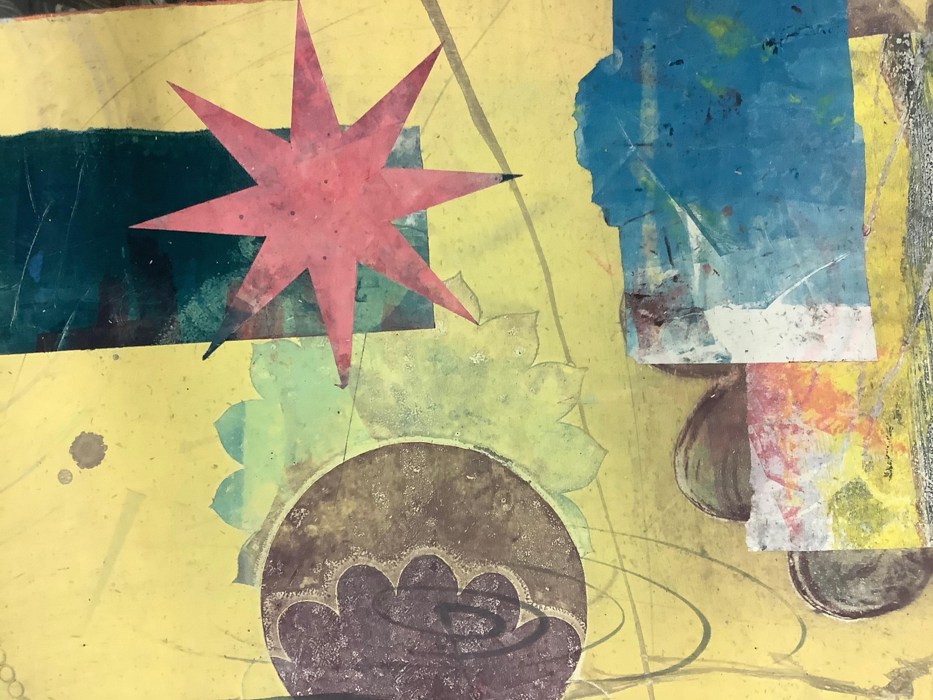 Pilot 35, Yellow, Blue, Coral Star, Circle, Flower Vertical Abstract Monotype - Contemporary Print by David Collins