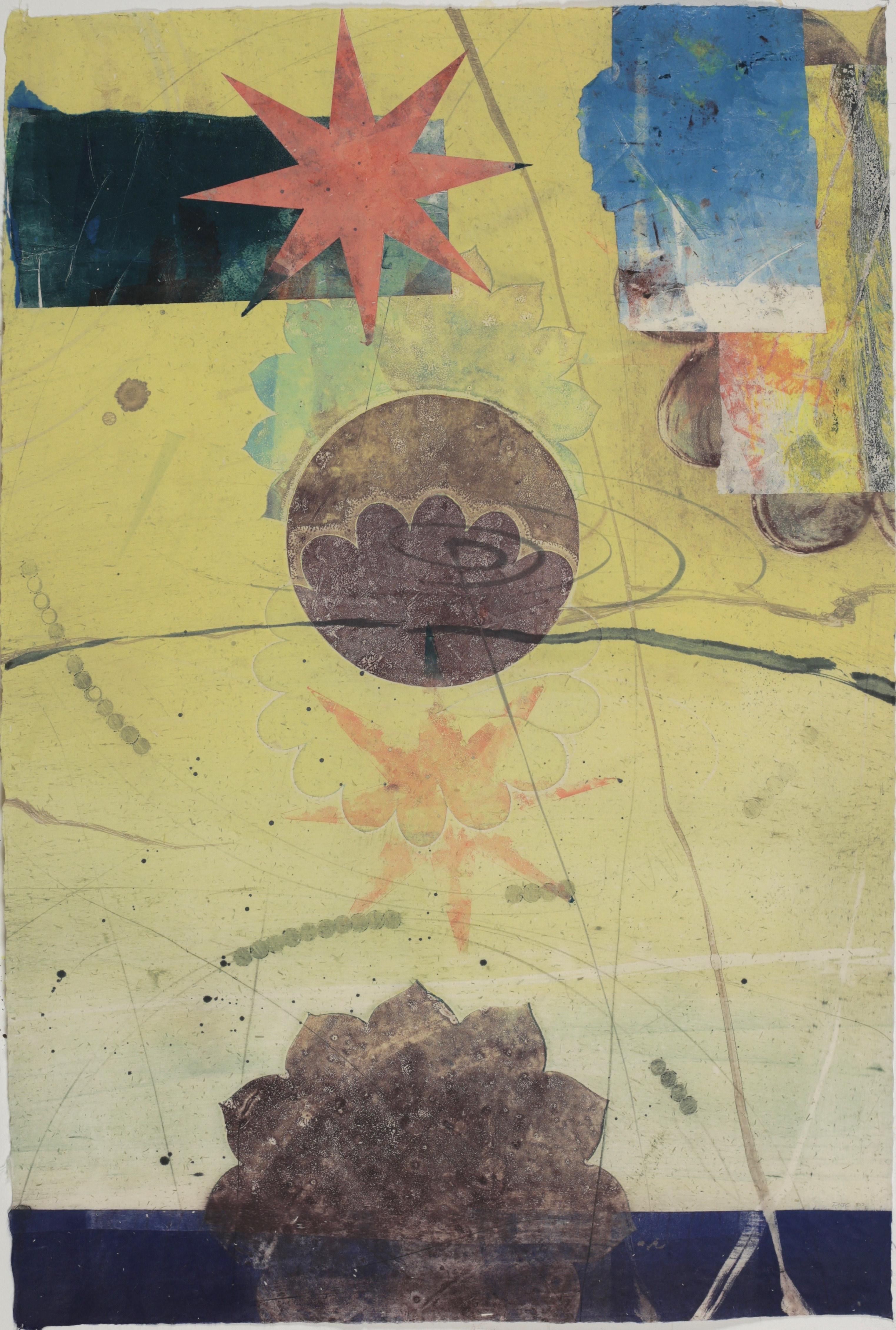 David Collins Abstract Print - Pilot 35, Yellow, Blue, Coral Star, Circle, Flower Vertical Abstract Monotype