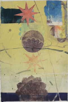 Pilot 35, Vertical Abstract Monotype, Yellow, Blue, Coral Star, Circle, Flower