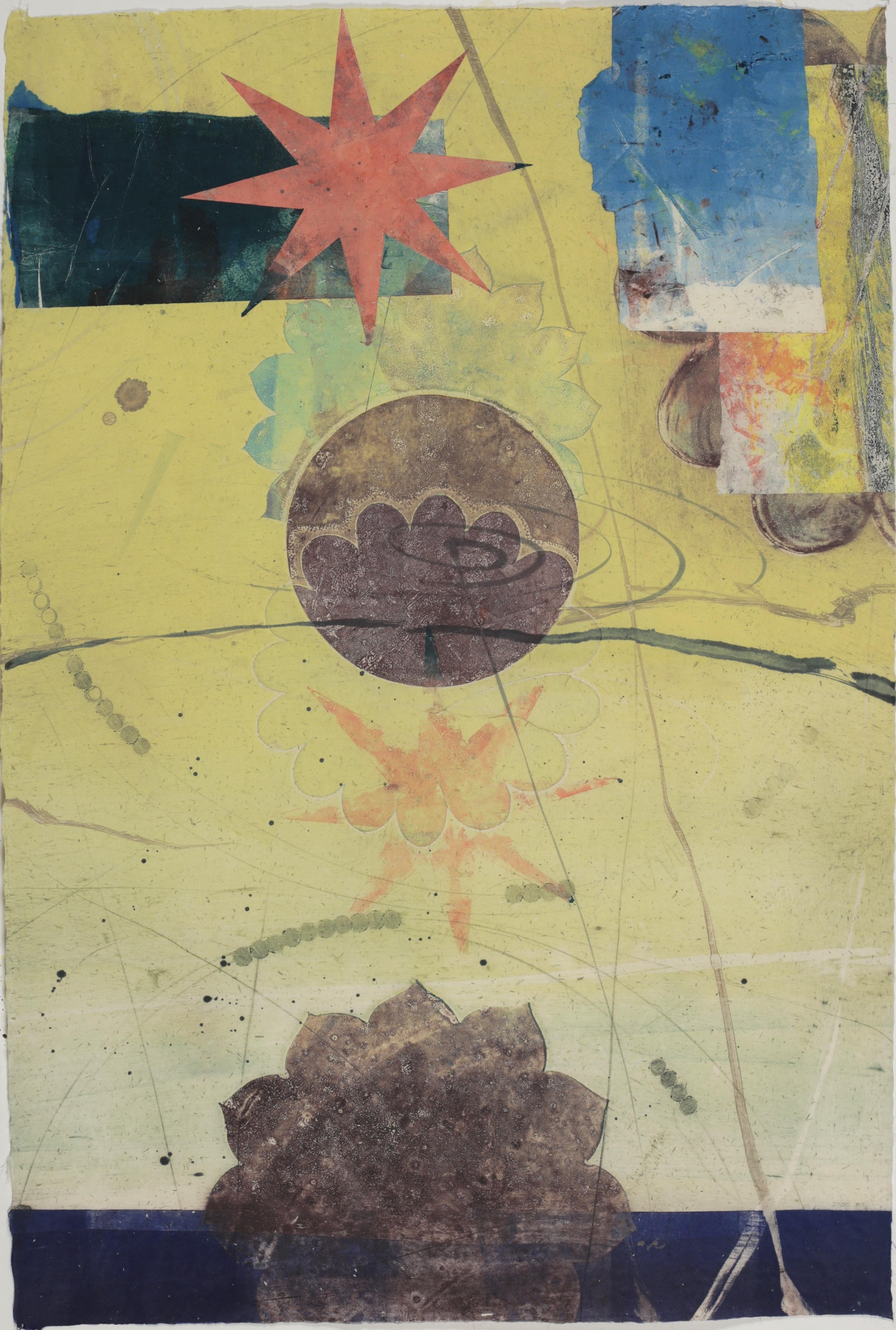 Pilot 35 - Monotype astratto giallo blu corallo stella cerchio fiore verticale, 2002