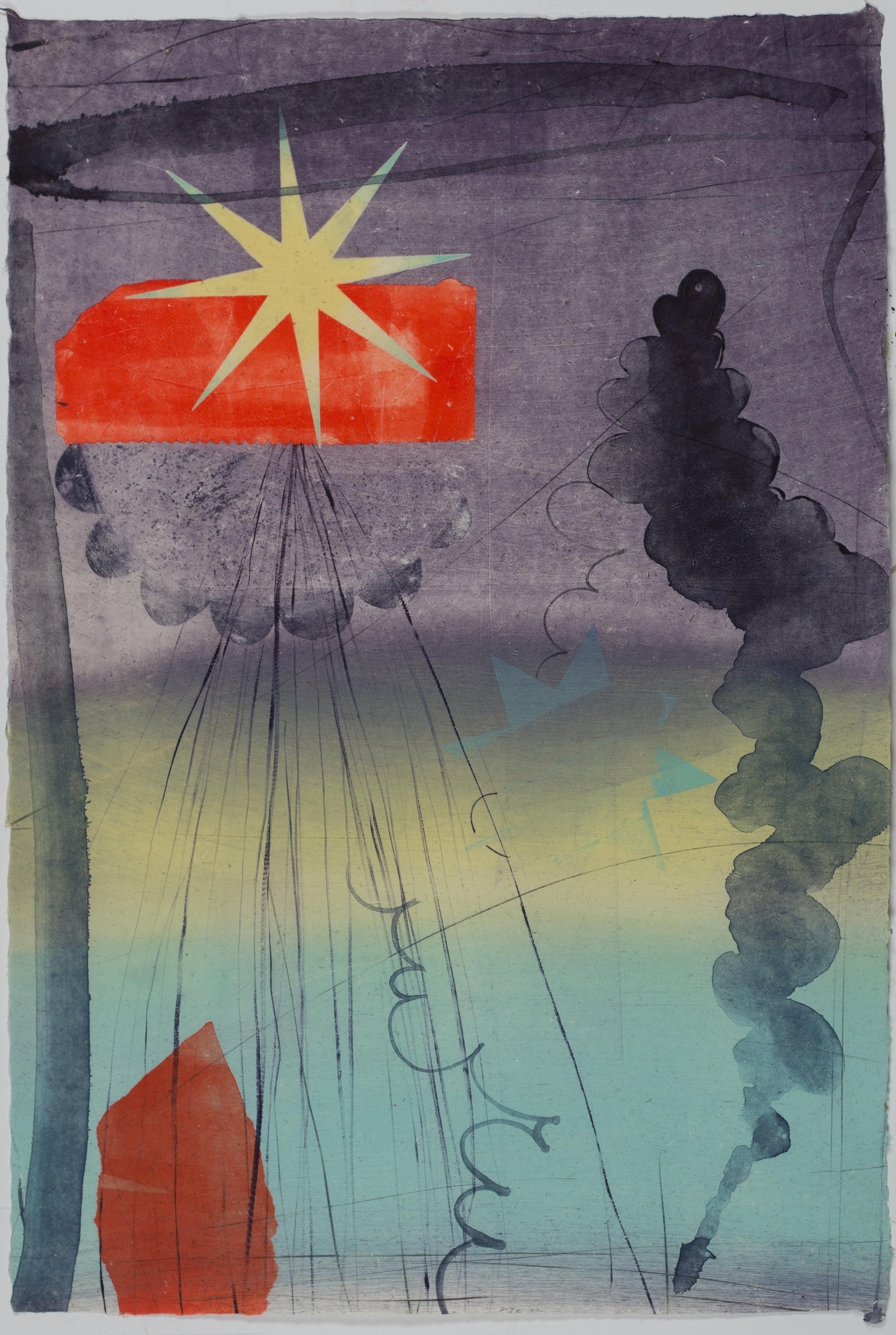 Pilot Down Five – Geometrisch-abstrakte Monotypie: Violett, Gelb, Stern, Rot, Blau, 2005