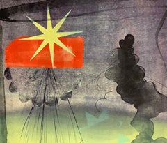 Pilot Down Five, Vertical Geometric Abstract Monotype, Violet, Yellow, Red, Blue