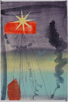 Pilot Down Five, Vertical Geometric Abstract Monotype, Violet, Yellow, Red, Blue