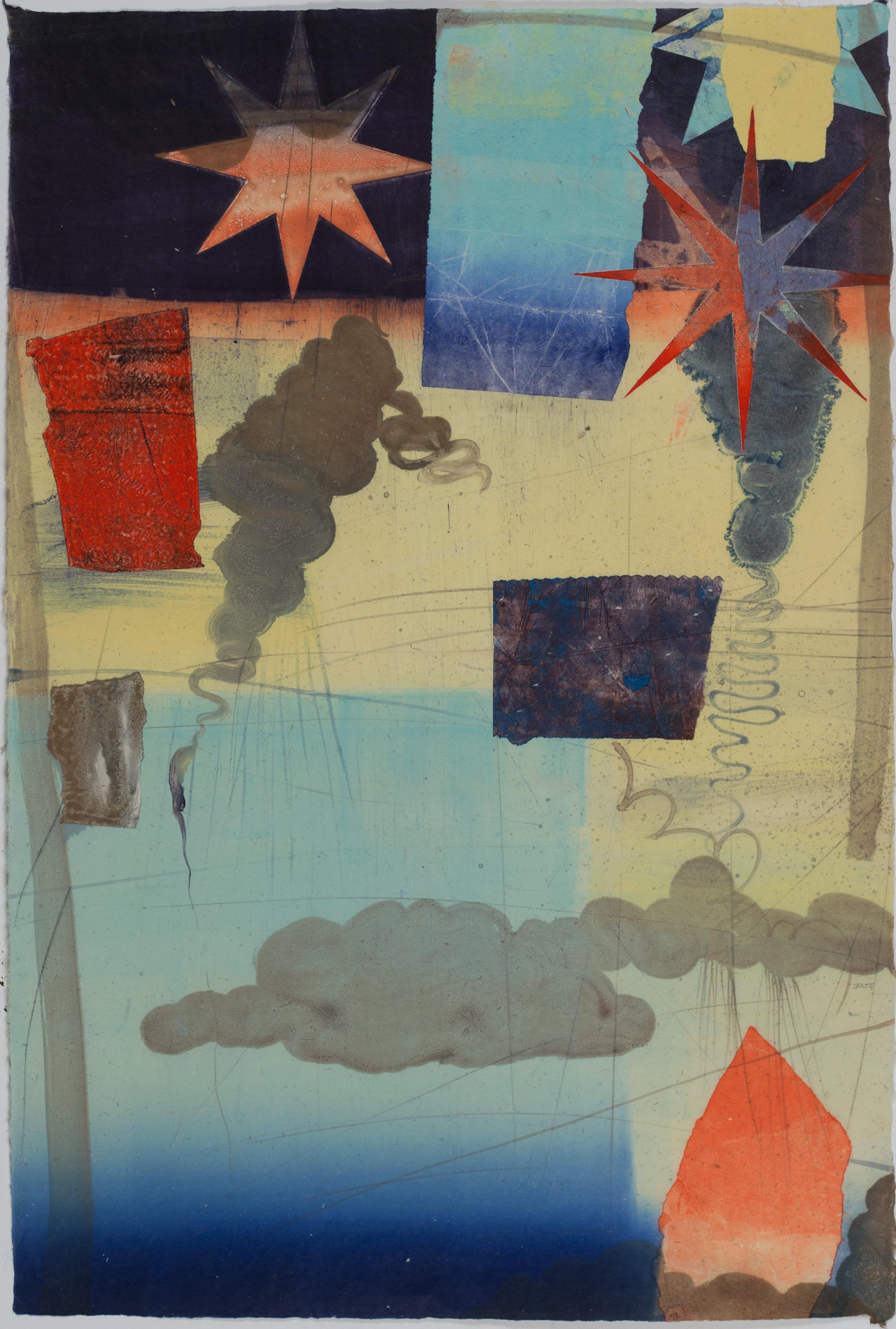David Collins Abstract Print – Pilot Down Three, Geometrische abstrakte Monotypie, Gelb, Rot, Blau, Lachs
