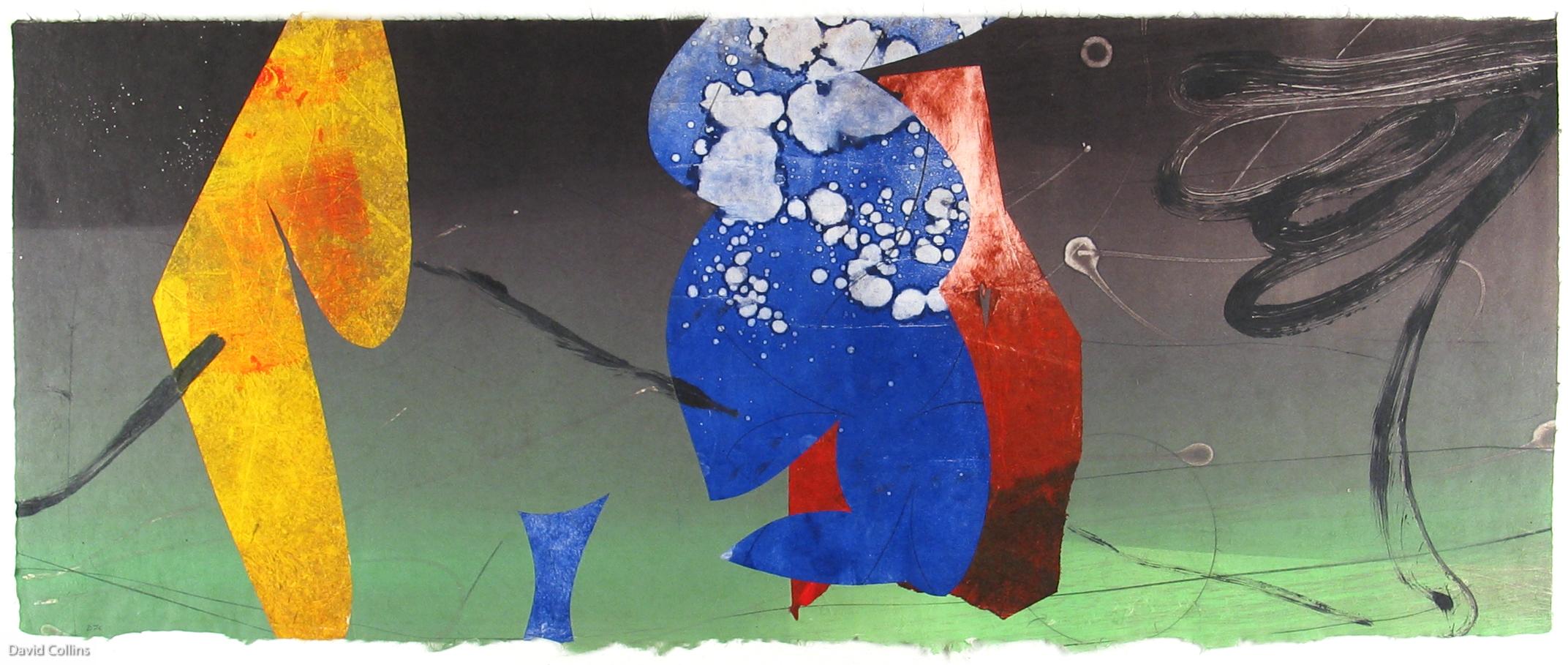David Collins Abstract Print - Pilot Jack 17, blue and red geometric abstract monotype on Asian paper, framed