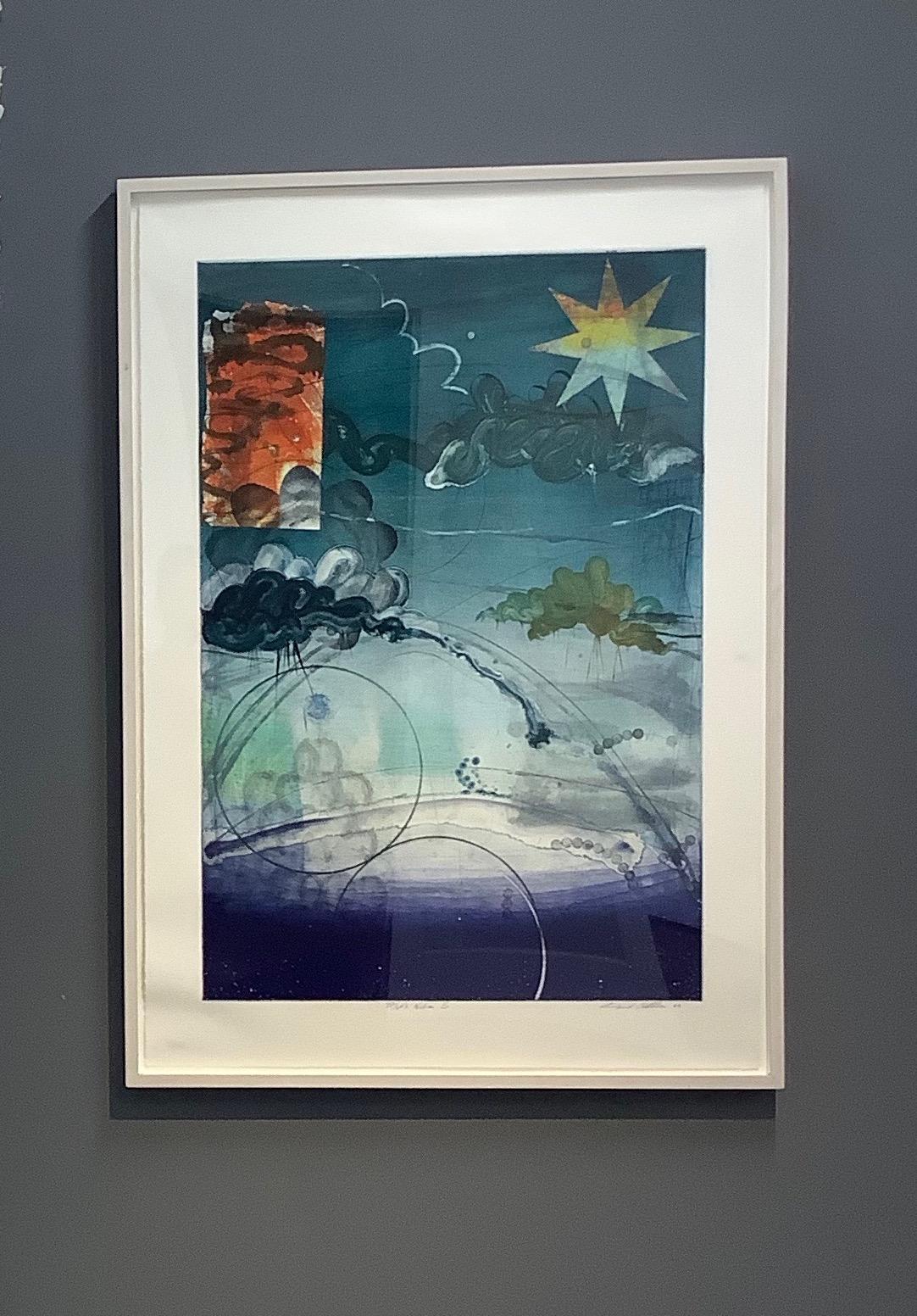 Pilot's Notion Five - Geometric Abstract Monotype Red Yellow Star Blue, 2002 - Print by David Collins