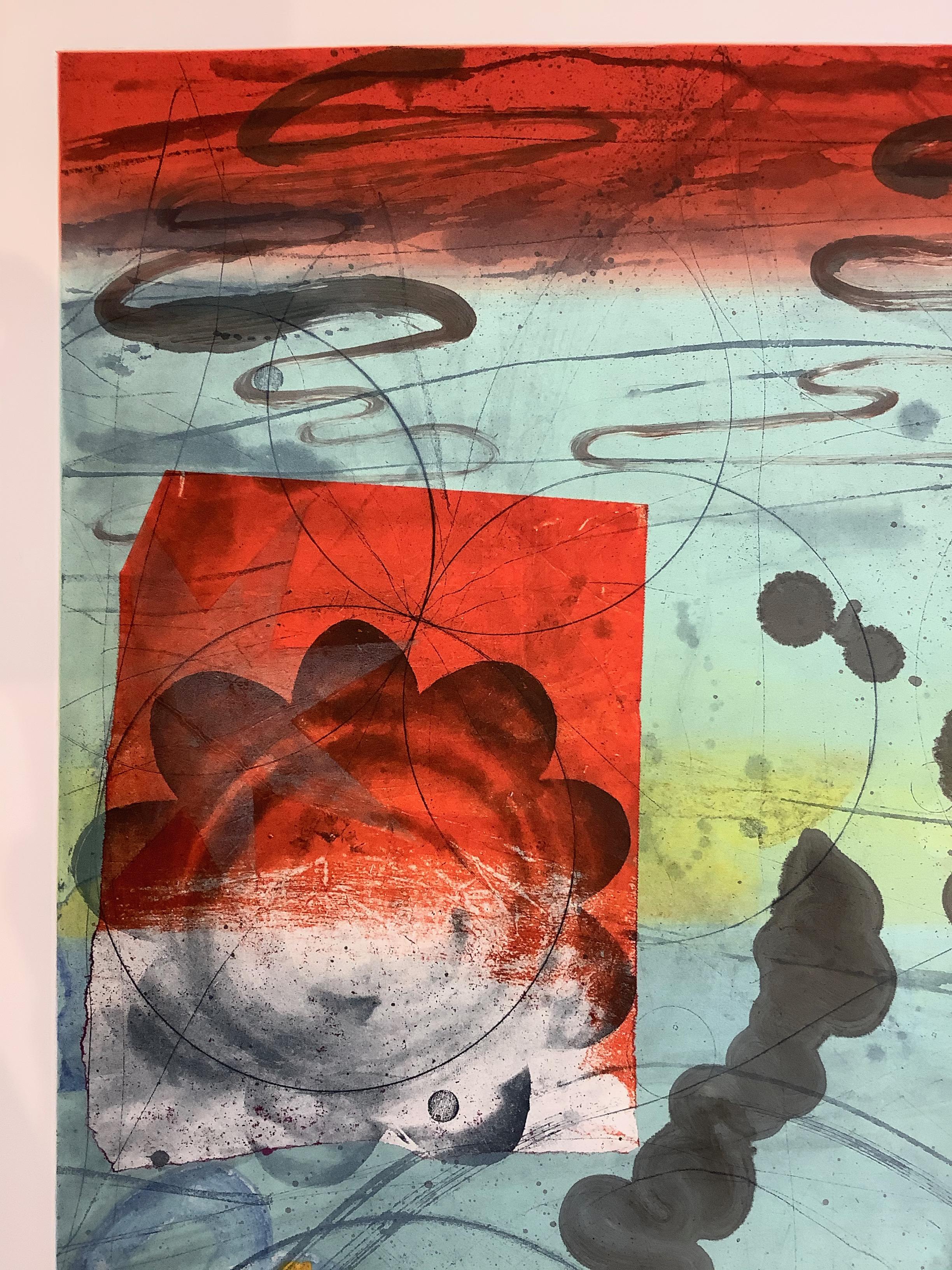 Pilot's Notion Four, Geometric Abstract Monotype, Navy Blue, Red, Yellow - Print by David Collins