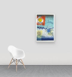 Pilot's Notion One, Vertical Geometric Abstract Monotype in Red, Yellow on Blue