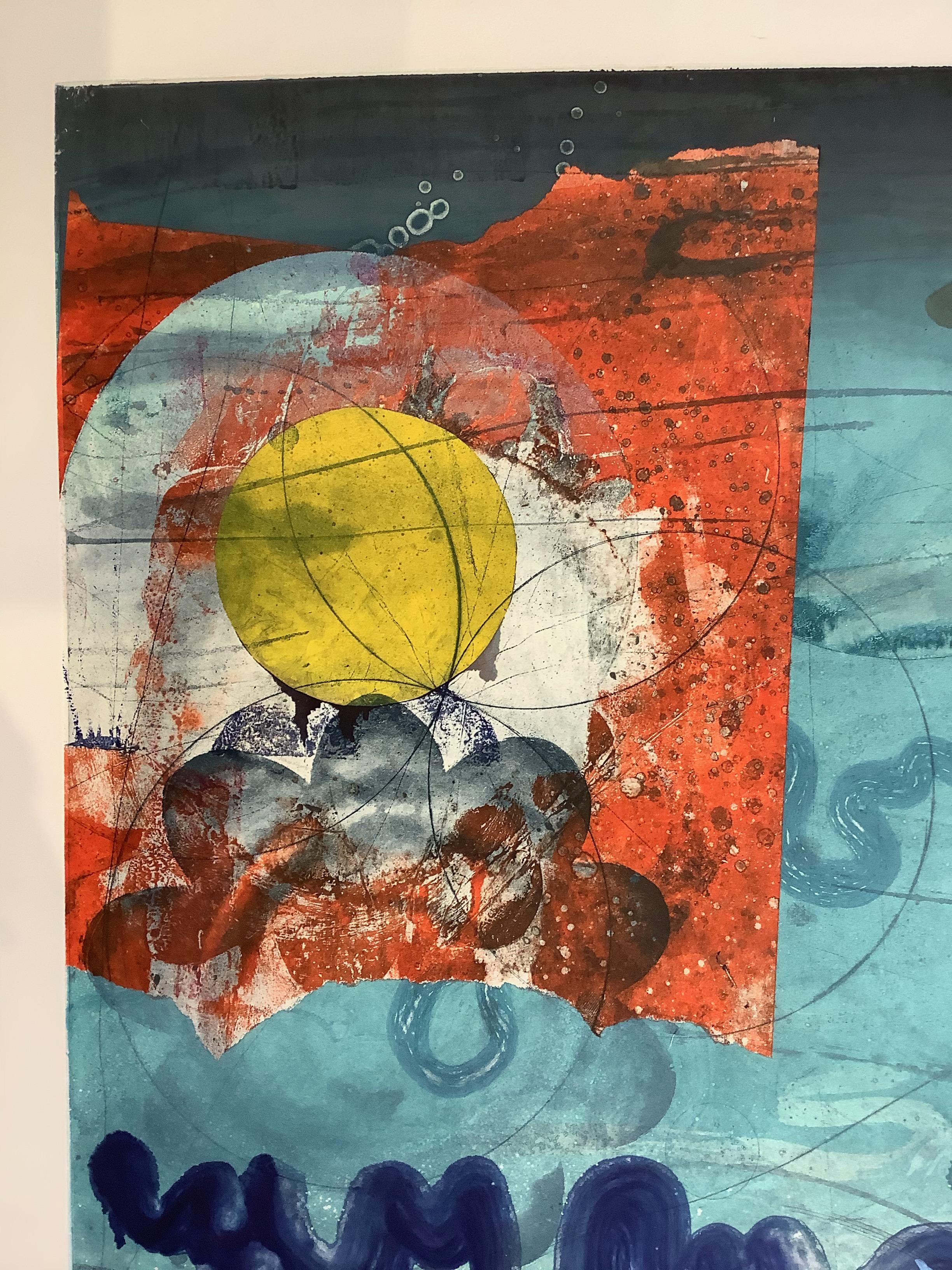 Pilot's Notion One, Vertical Geometric Abstract Monotype in Red, Yellow on Blue - Contemporary Print by David Collins