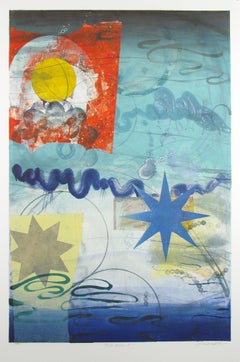 Pilot's Notion One, Vertical Geometric Abstract Monotype in Red, Yellow on Blue