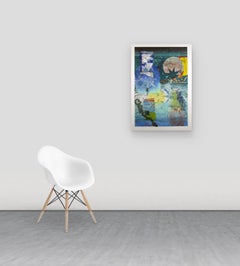 Pilot's Notion Six, Vertical Geometric Abstract Monotype in Yellow, Teal, Blue