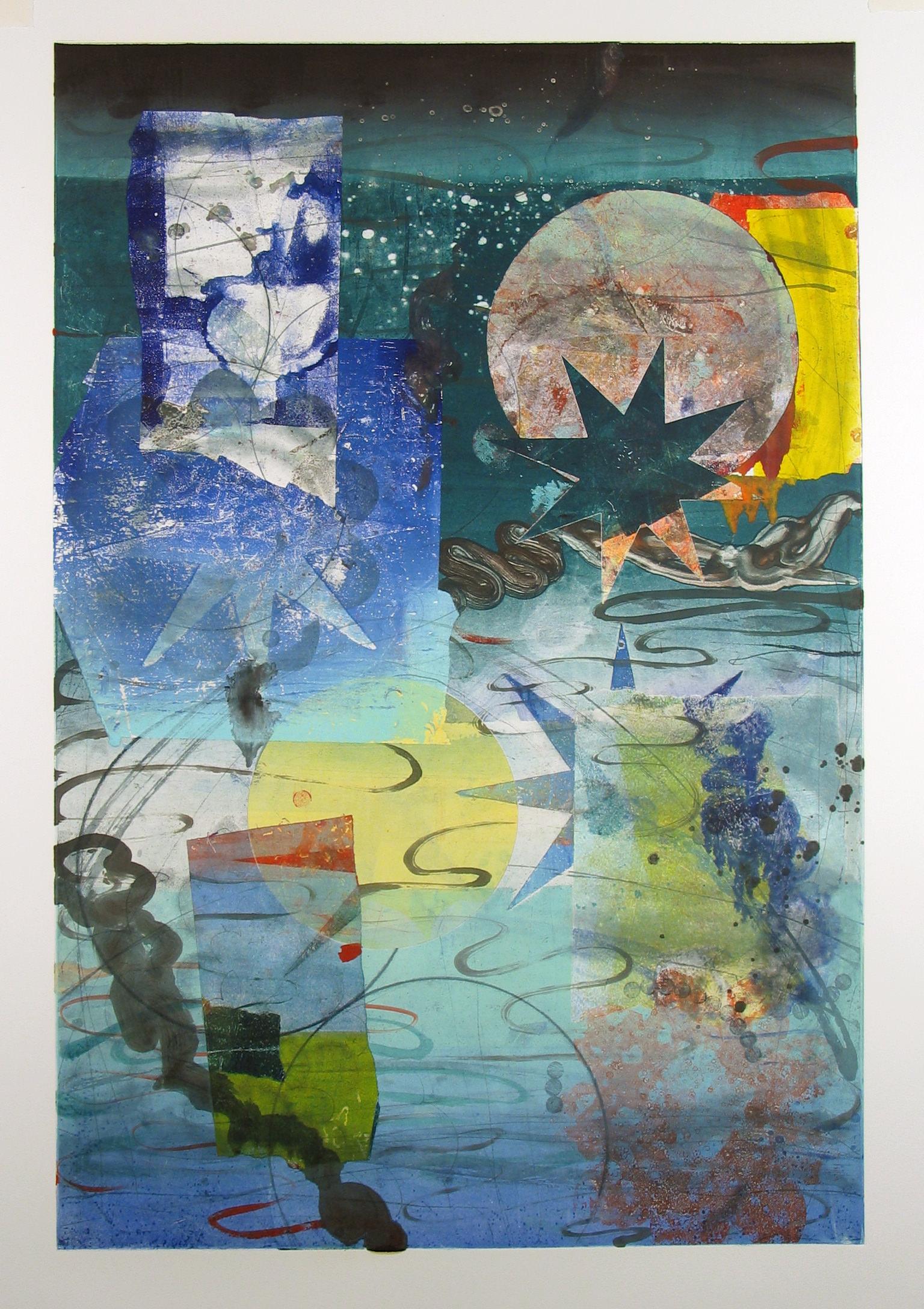 David Collins Abstract Print – Pilot's Notion Six, vertikale geometrische abstrakte Monotypie in Gelb, Petrol, Blau