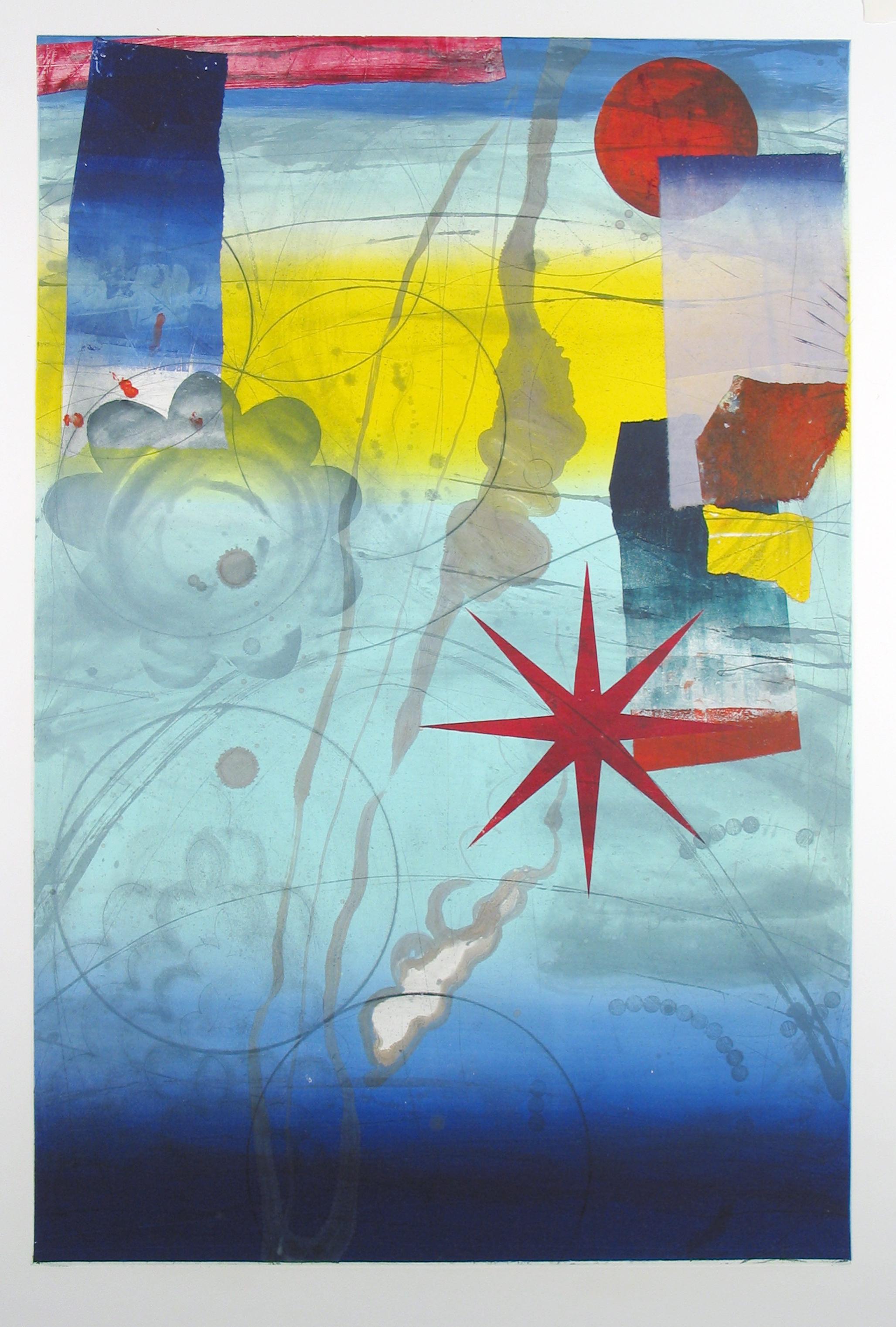 David Collins Abstract Print - Pilot's Notion Three, Geometric Abstract Monotype, Indigo Blue, Red, Yellow