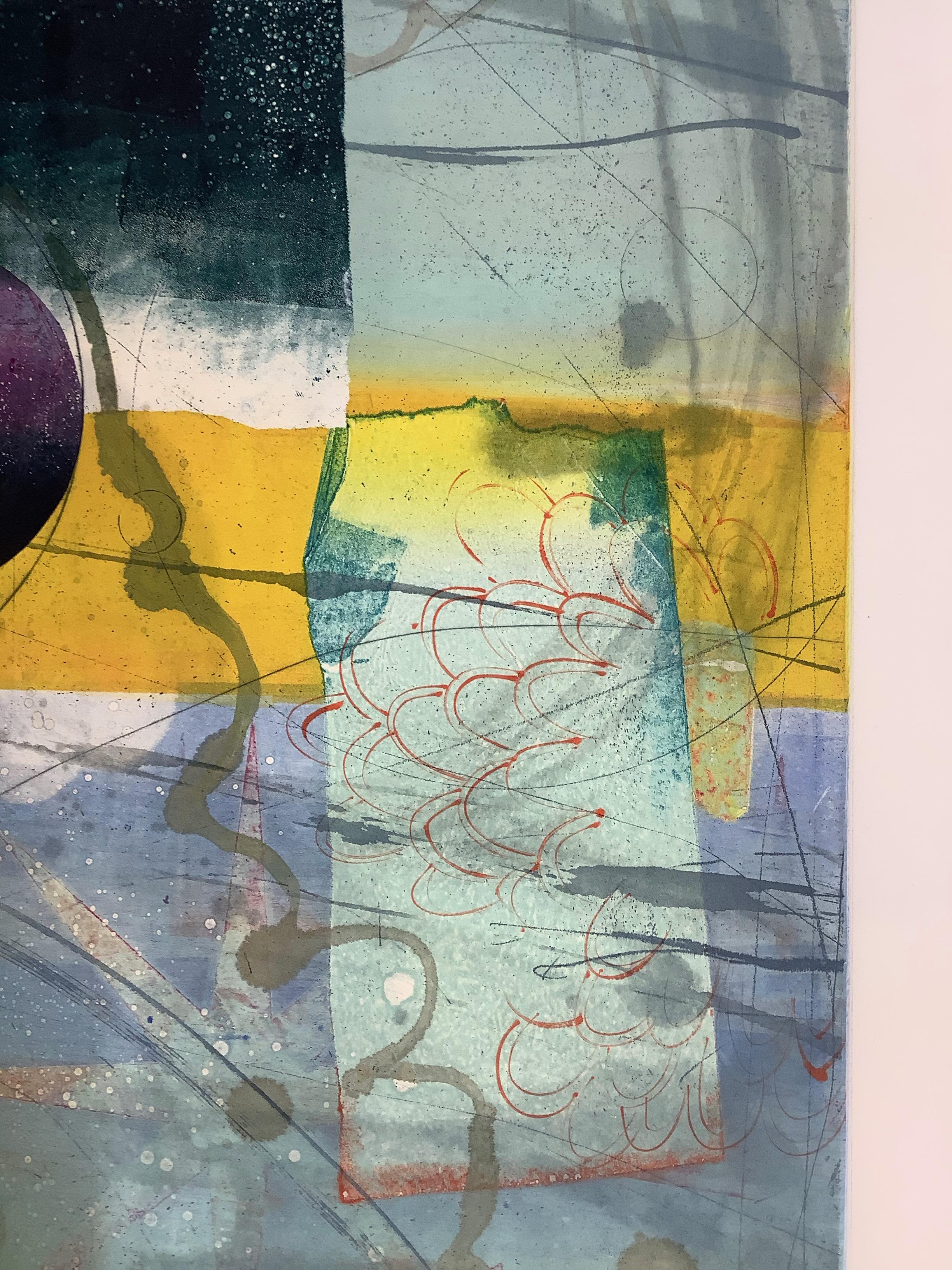 Pilot's Notion Two, Vertical Geometric Abstract Monotype, Yellow, Teal, Blue - Gray Abstract Print by David Collins