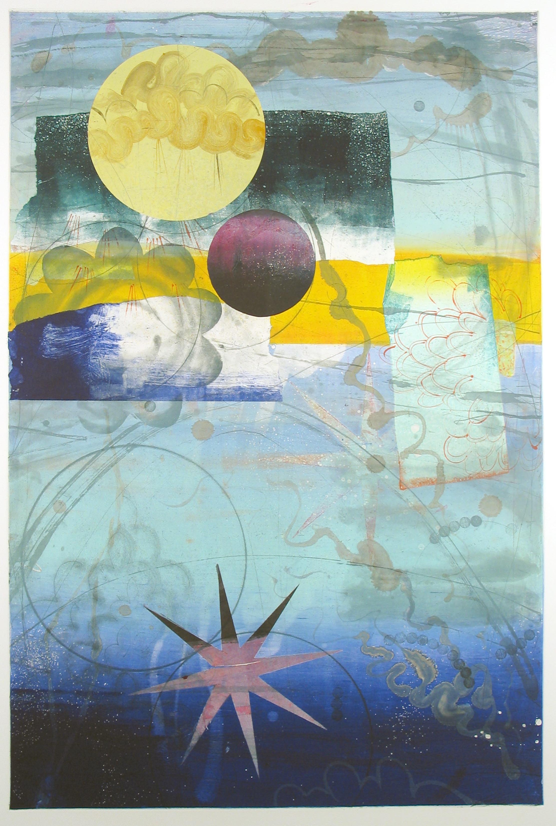 David Collins Abstract Print - Pilot's Notion Two, Vertical Geometric Abstract Monotype, Yellow, Teal, Blue