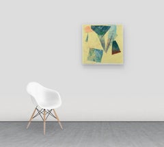 Silk and Stone 19, Square Abstract Geometric Monotype in Teal Blue, Coral Yellow