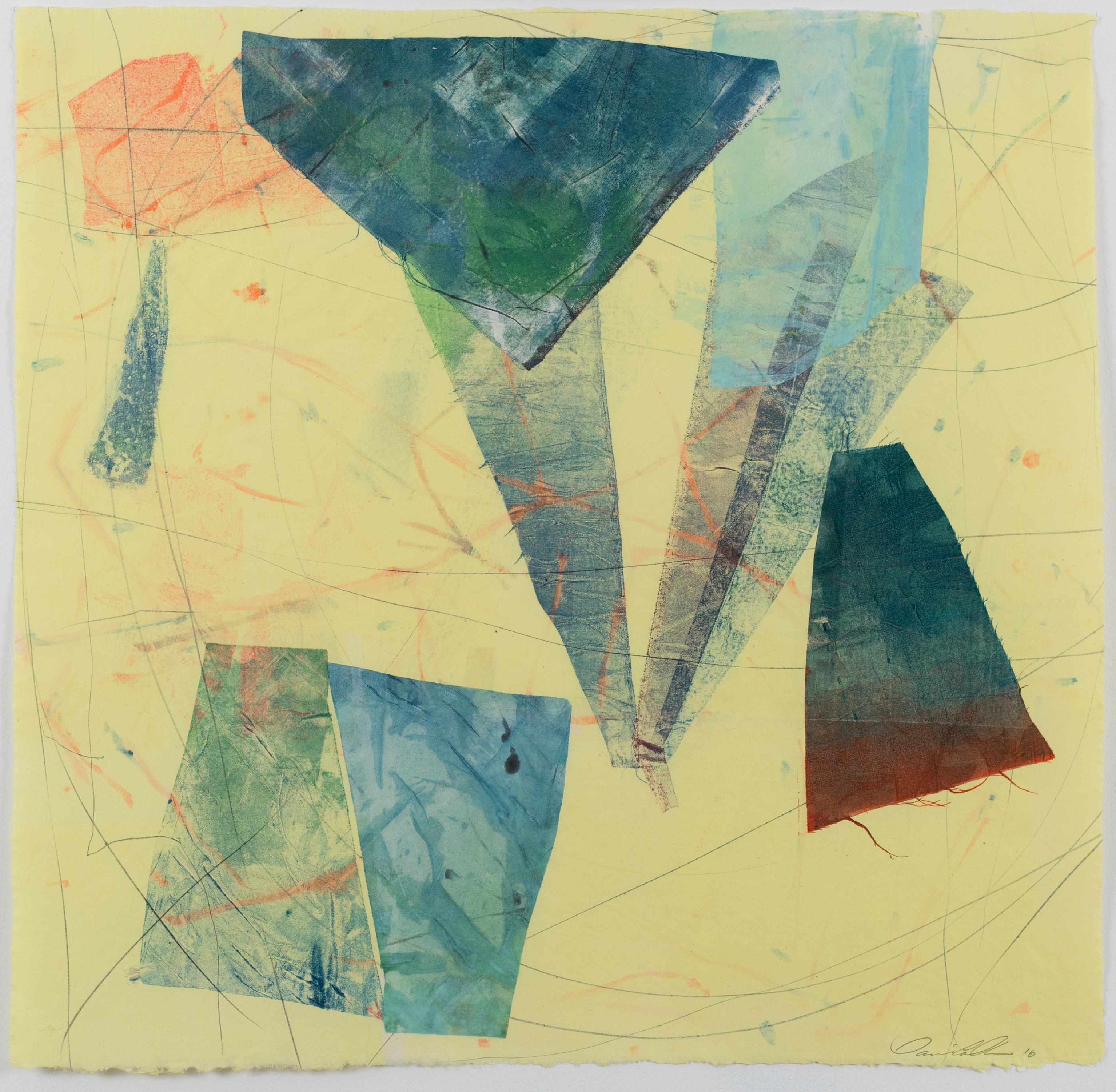 Silk and Stone 19, Square Abstract Geometric Monotype in Teal Blue, Coral Yellow