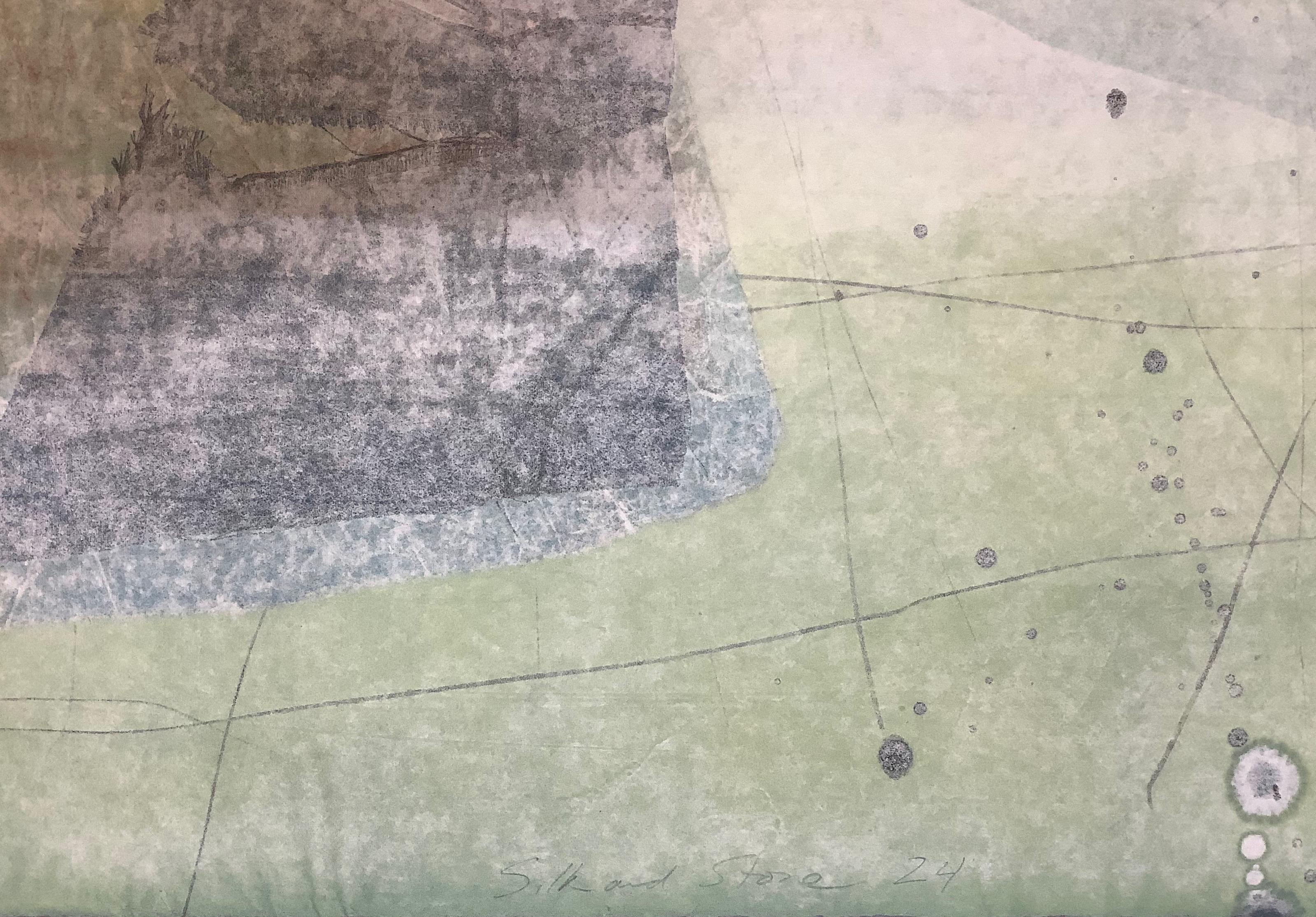 Seta e pietra 24, Monotipo geometrico astratto, corallo, blu navy, verde menta in vendita 3