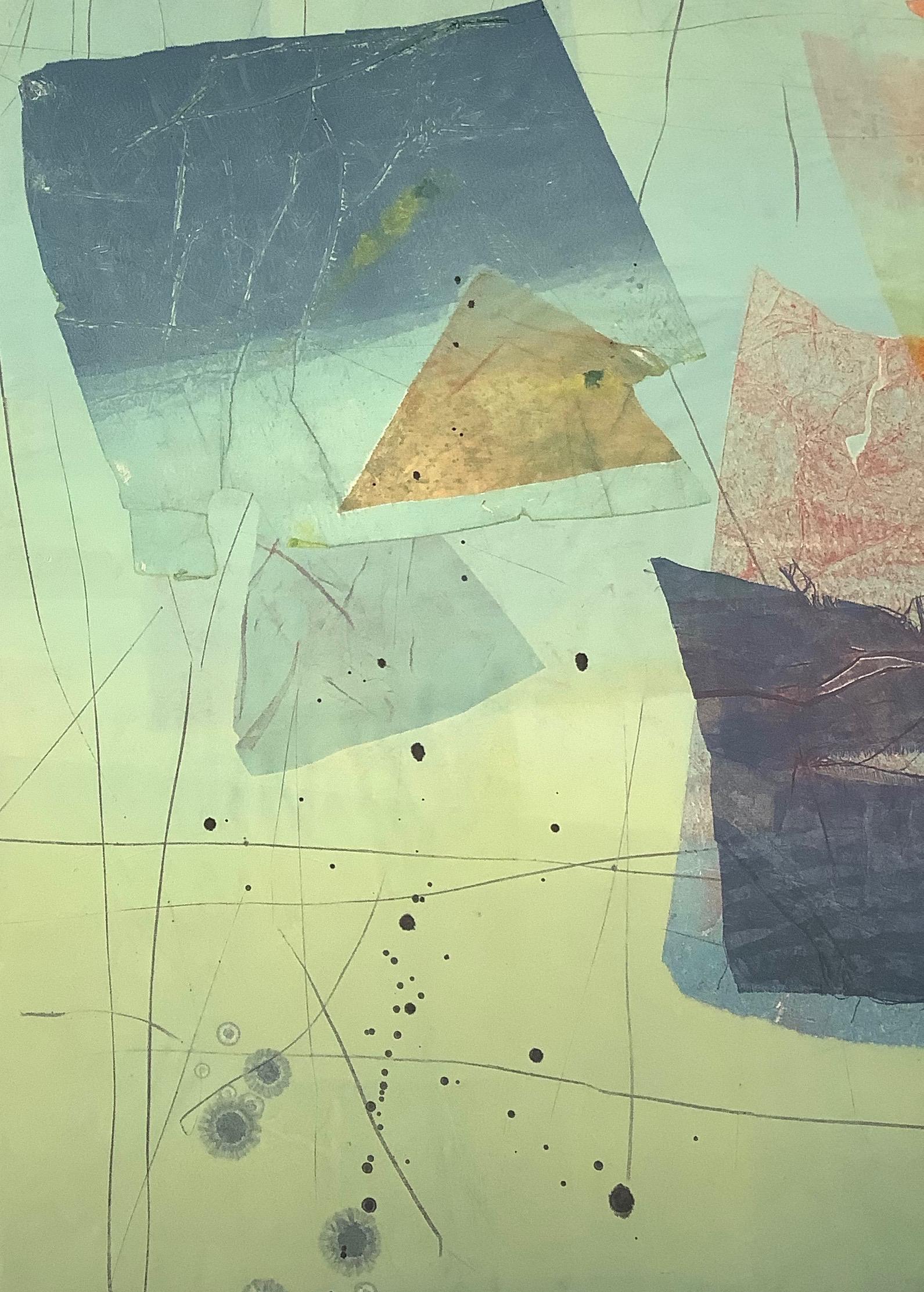 Seide und Stein 24, Geometrische abstrakte Monotypie, Koralle, Marineblau, Mintgrün (Grau), Abstract Print, von David Collins