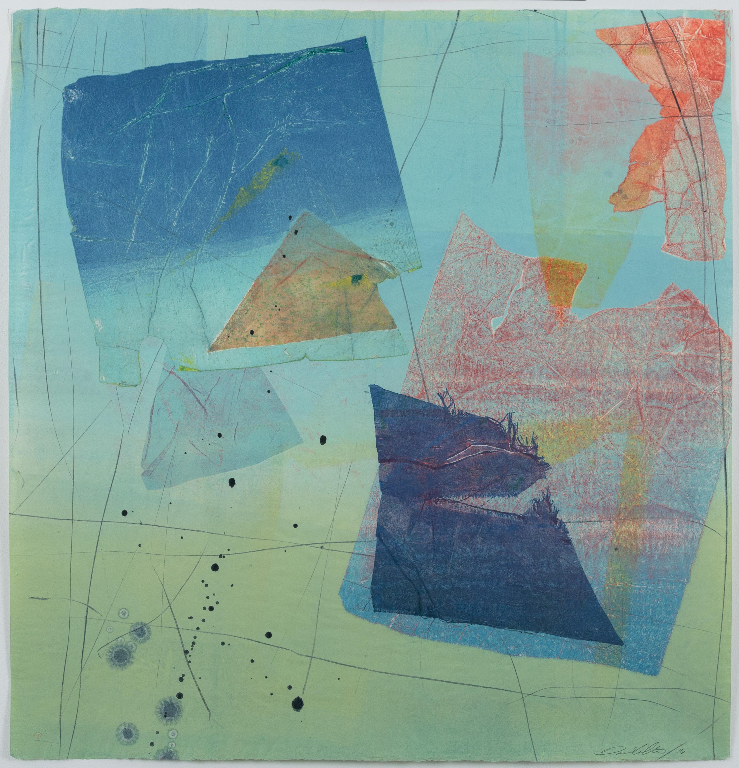 David Collins Abstract Print - Silk and Stone 24, Geometric Abstract Monotype in Coral, Navy Blue, Mint Green