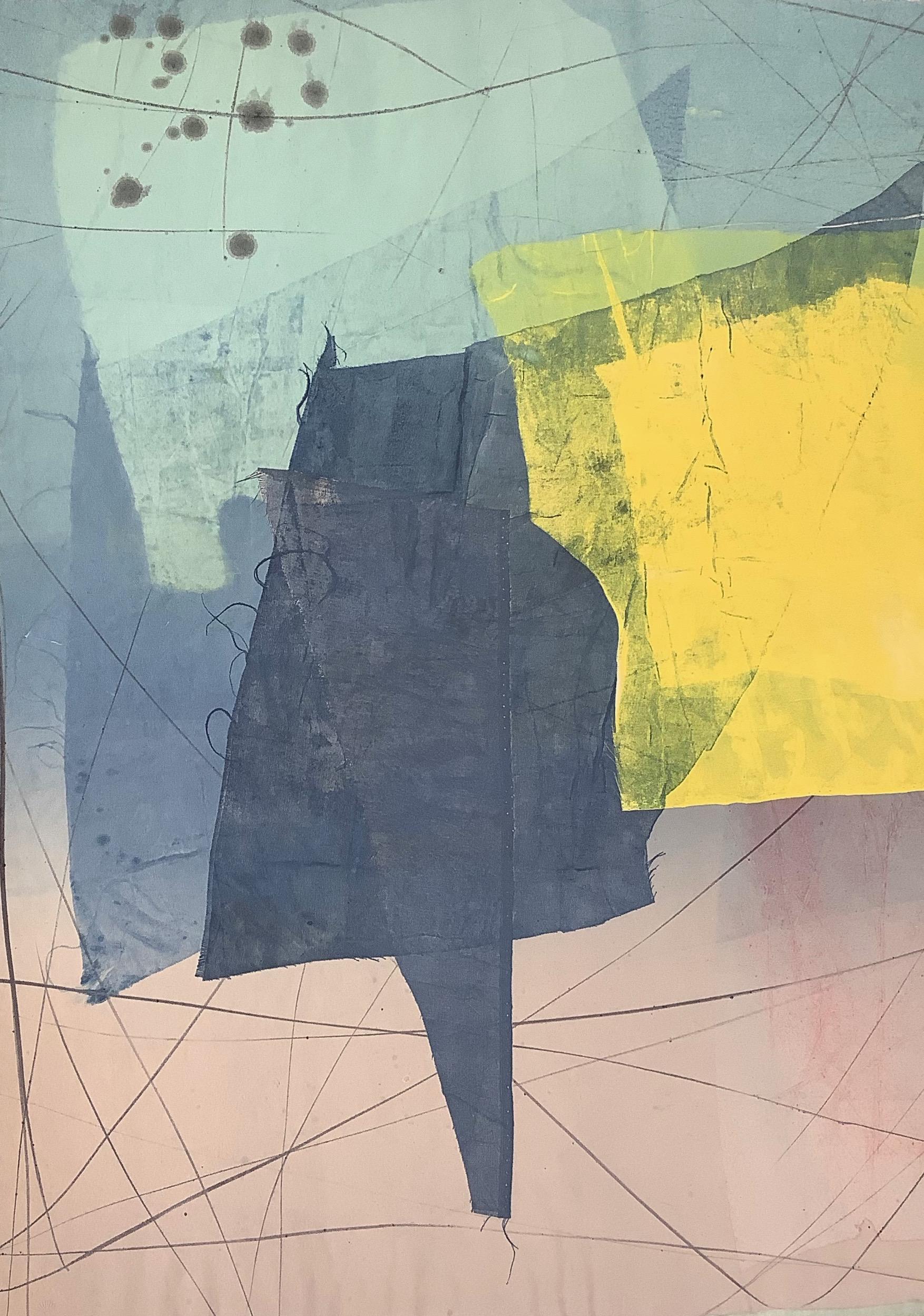 Soie et pierre 27, Monotype géométrique abstrait en jaune, bleu, vert menthe, gris - Contemporain Print par David Collins