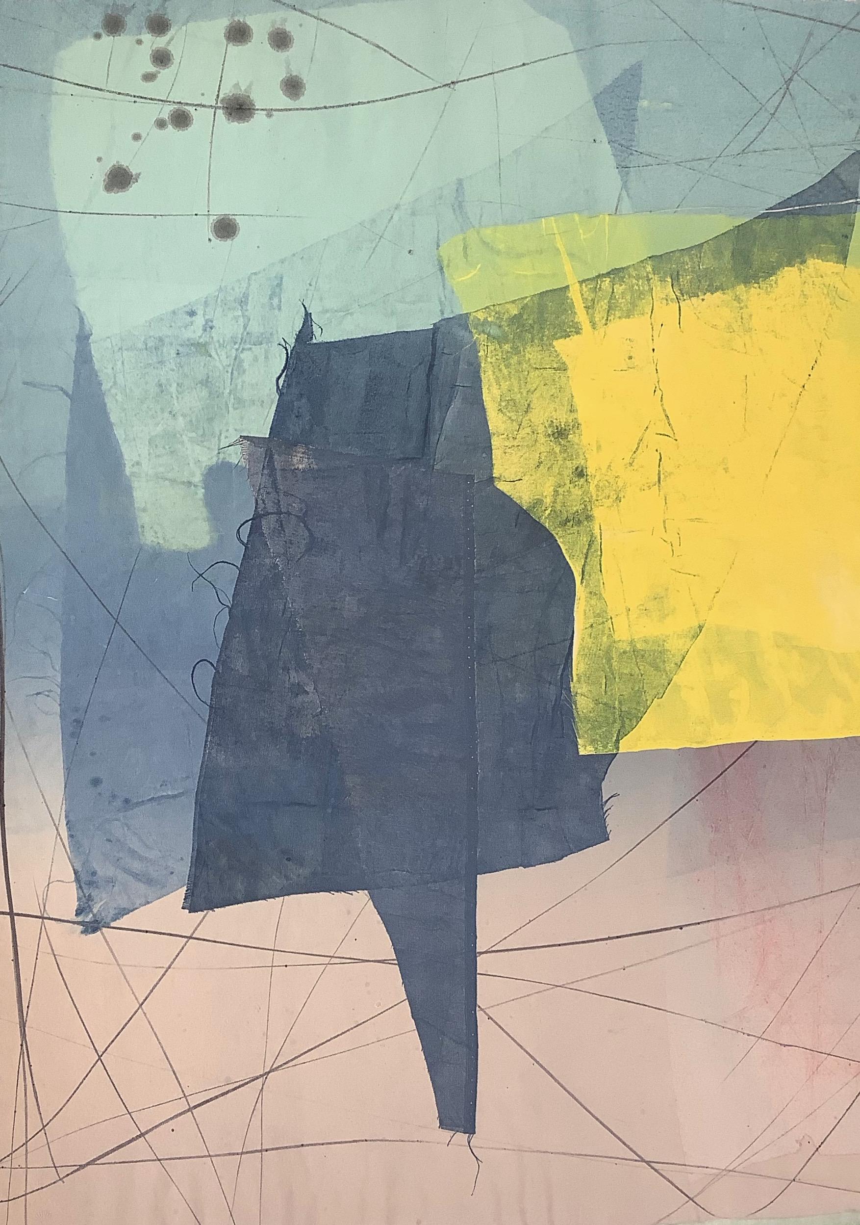 Silk and Stone 27, Geometric Abstract Monotype in Yellow, Blue, Mint Green, Gray - Contemporary Print by David Collins