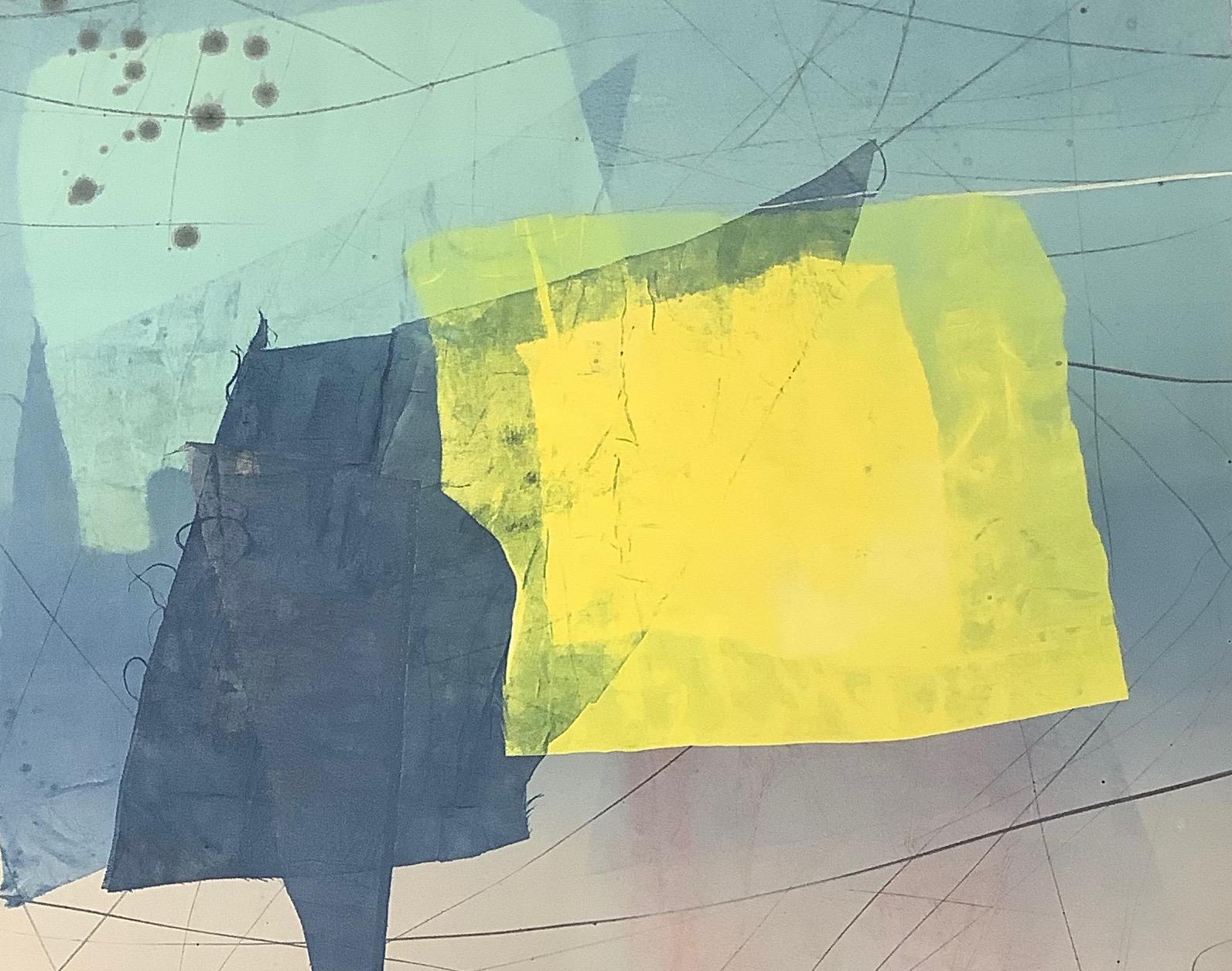 This is a monotype print, a unique print with no other editions. This monotype on delicate Asian paper layers geometric shapes in yellow, teal and navy blue on a background that transitions from gray to light blue.

Available unframed, please