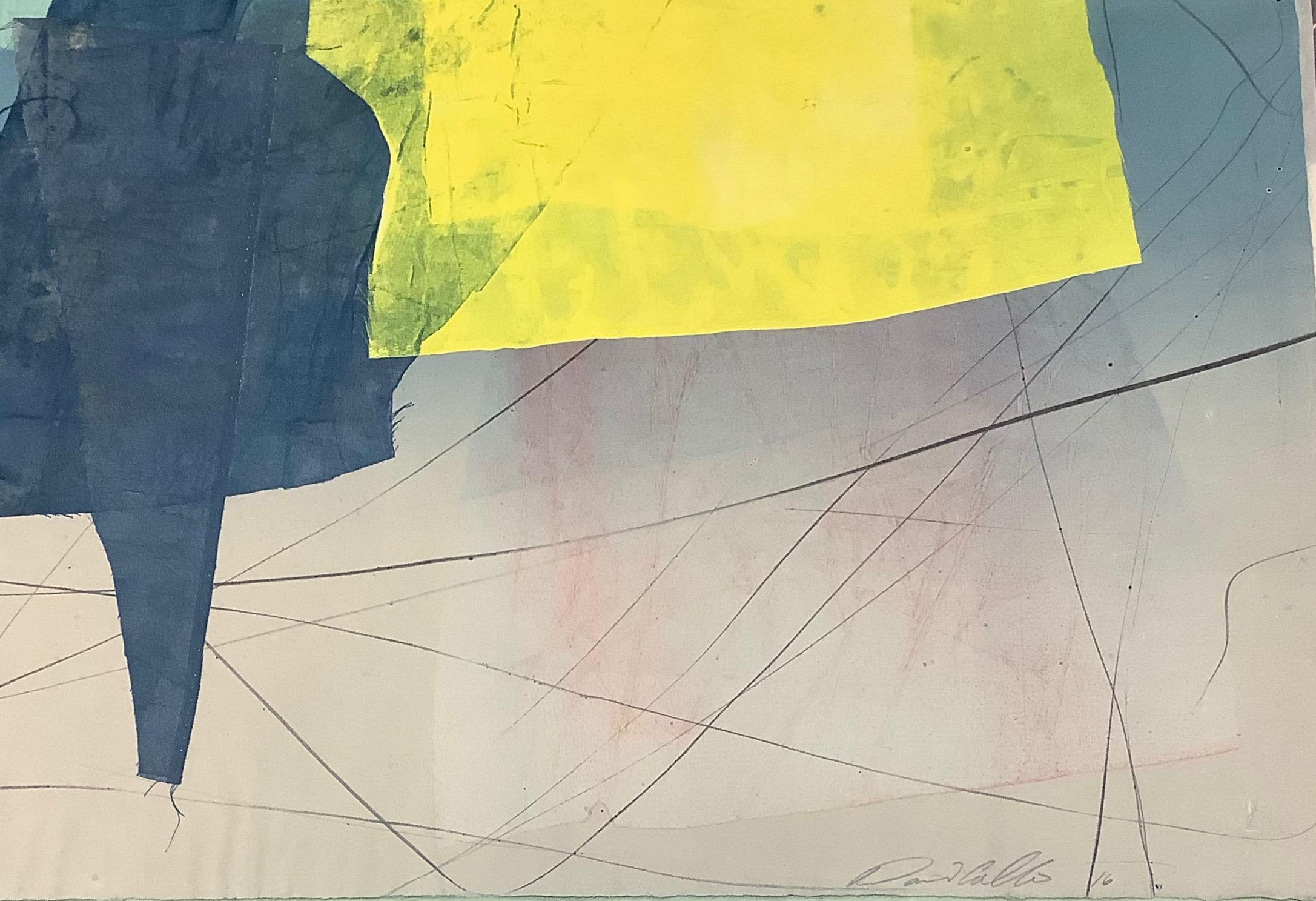 Silk and Stone 27, Geometric Abstract Monotype in Yellow, Blue, Mint Green, Gray For Sale 1