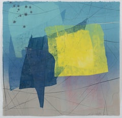 Seta e pietra 27, monotipo astratto geometrico in giallo, blu, verde menta, grigio