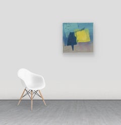 Silk and Stone 27 - Monotipo astratto geometrico: forme gialle e blu su sfondo grigio, 2016