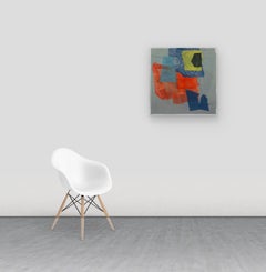 Huit monotypes géométriques abstraits en soie et pierre rouge, bleu, jaune, corail